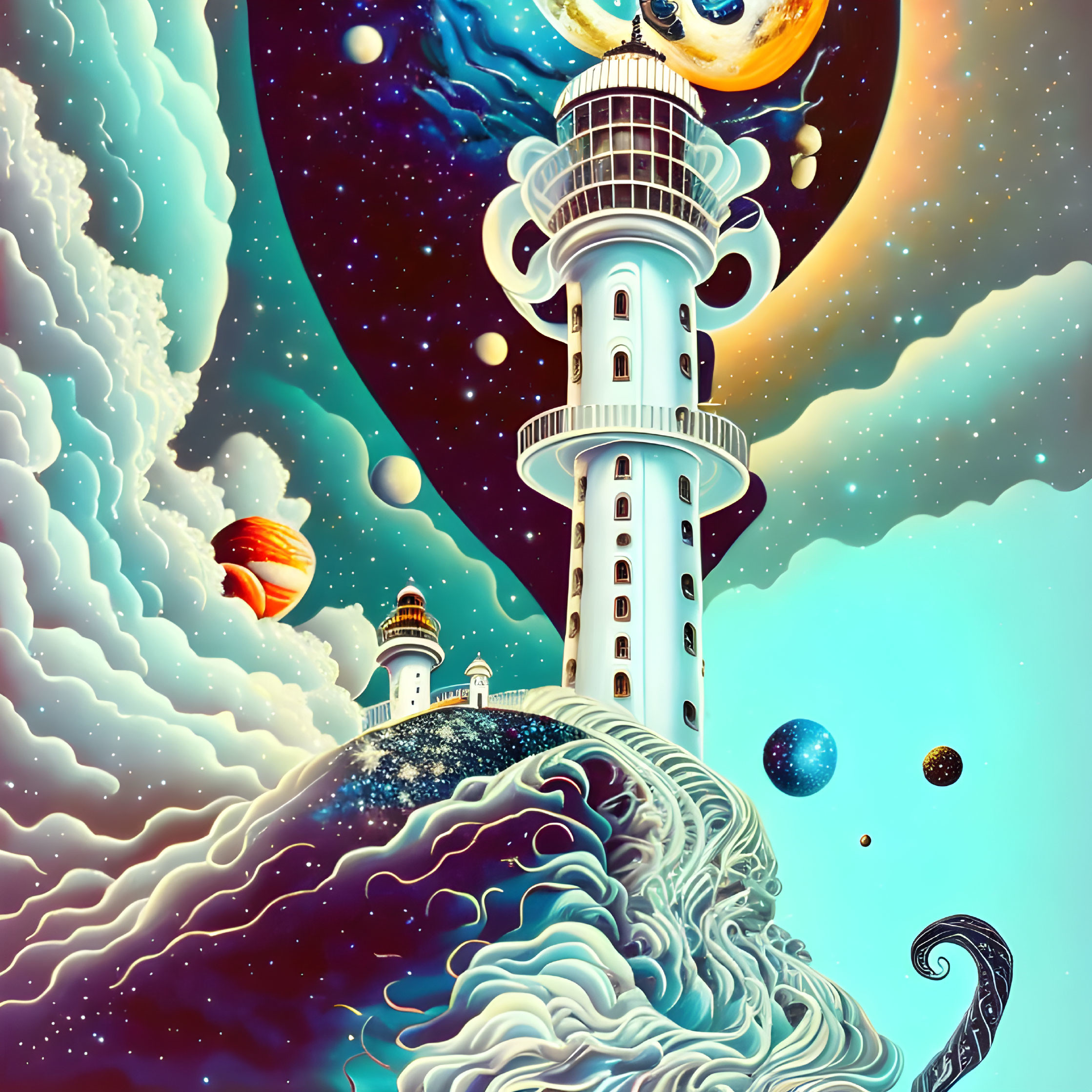 Whimsical illustration of towering lighthouse on wave-engulfed globe