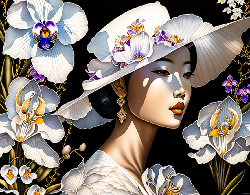 Detailed Woman Illustration with Wide-Brimmed Hat and Floral Background