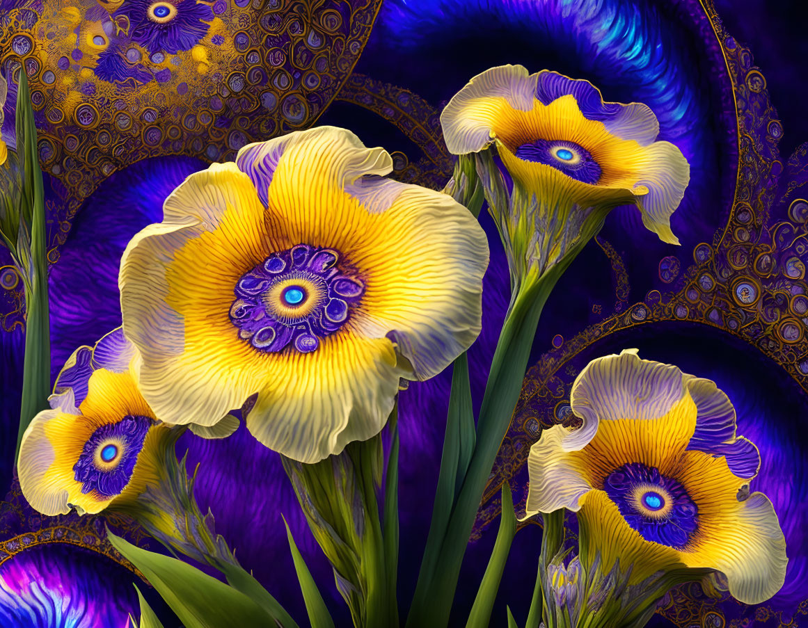 Colorful digital art: Yellow and blue stylized flowers on ornate fractal backdrop