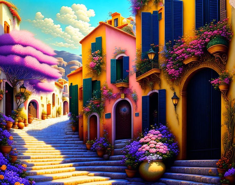 Colorful street scene with vibrant buildings, purple trees, cobblestone alley, and blue sky.