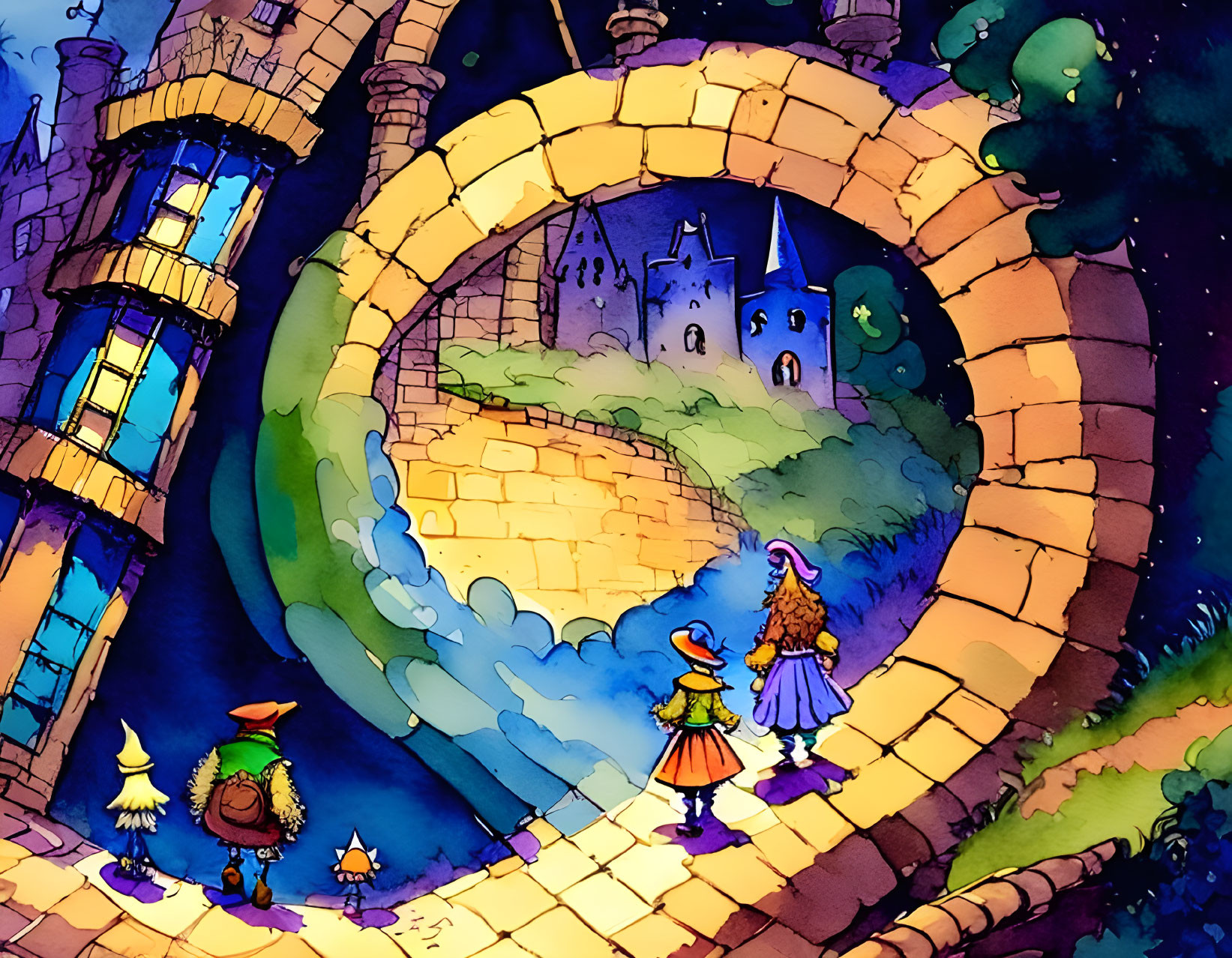 Whimsical fantasy scene with castle, knight, wizard, and princess