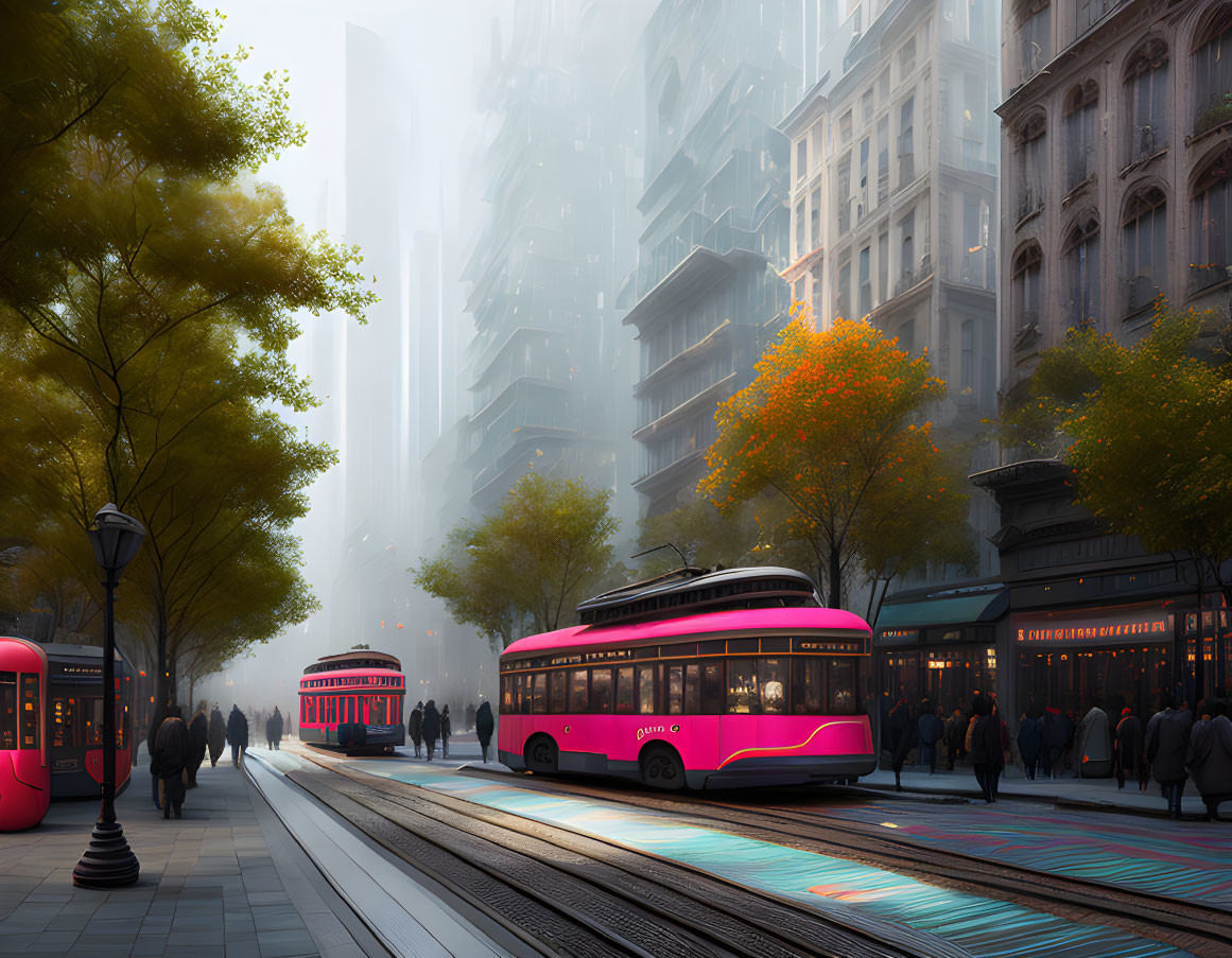 Pedestrians and pink trams on colorful street in city scene.