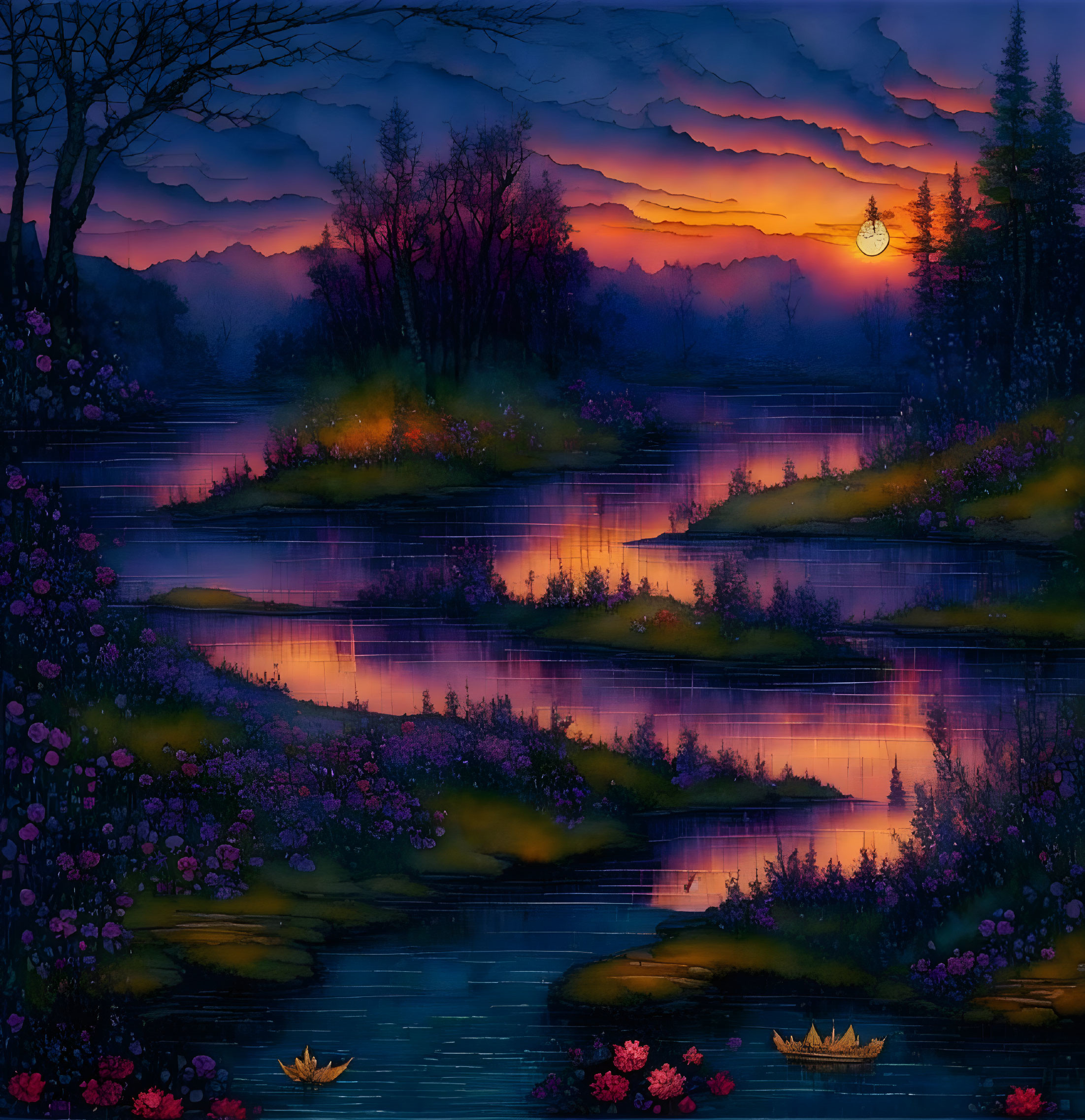 Tranquil twilight river scene with purple and orange skies and paper boats