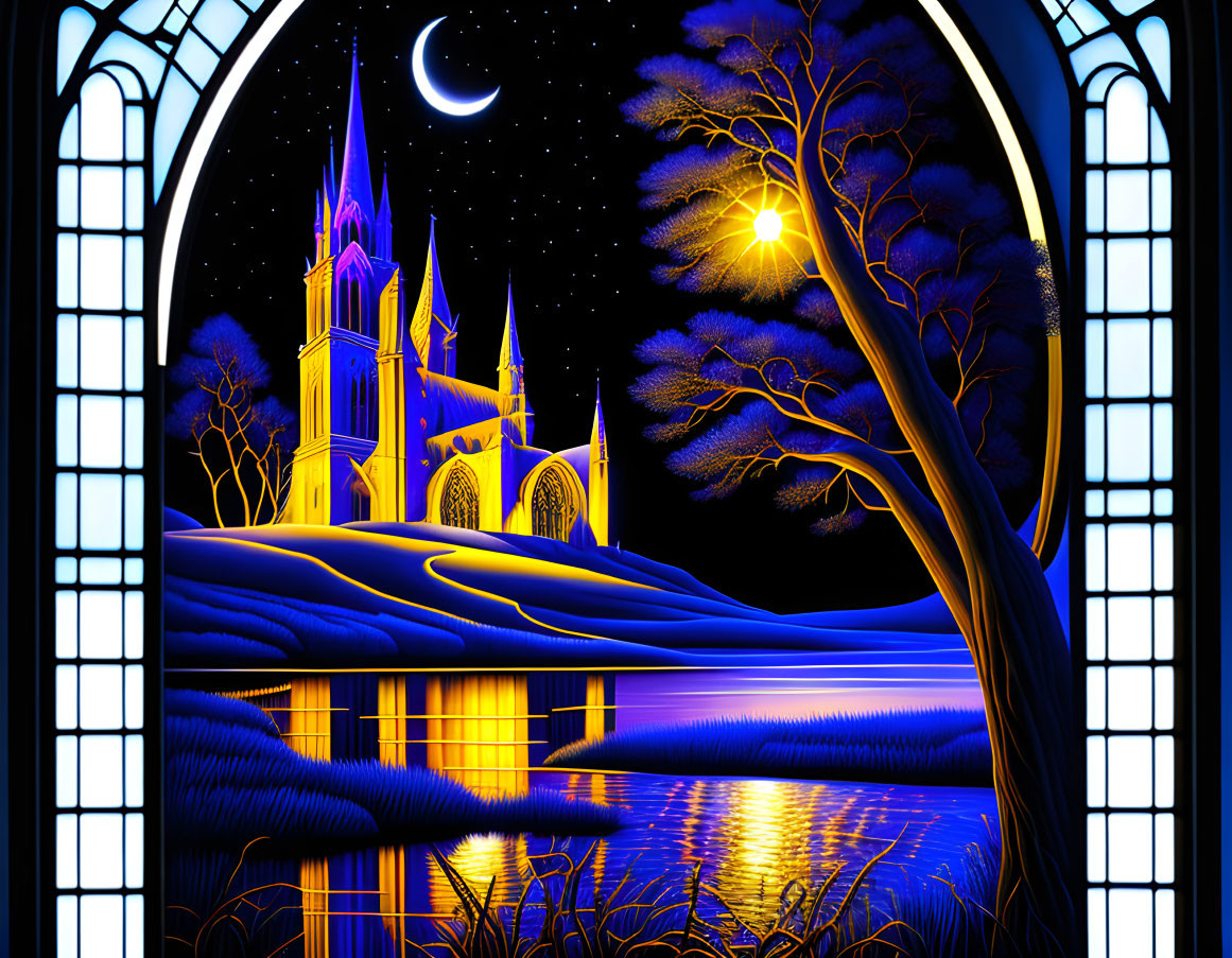 Night Scene Stained Glass Window Style Illustration of Church by Lake