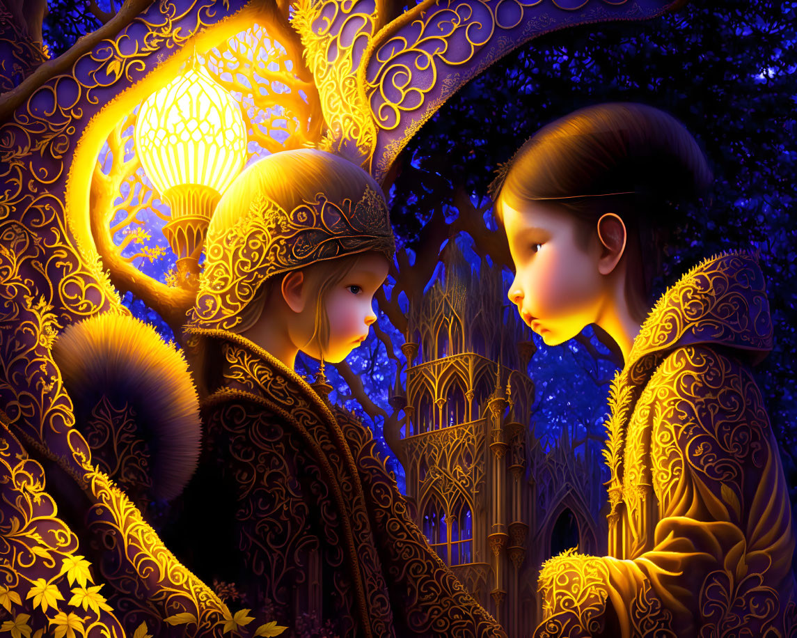 Children in golden attire with lantern in twilight forest with glowing patterns