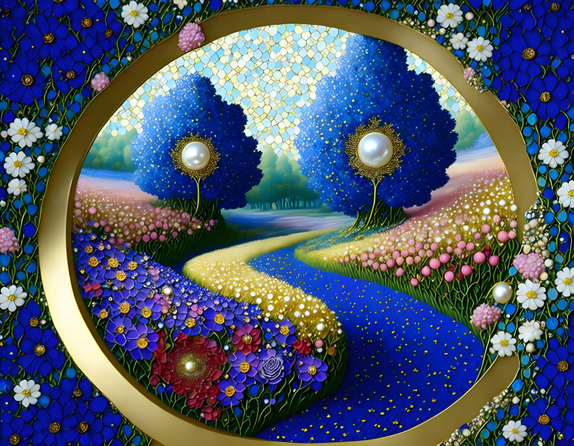 Vibrant landscape painting with river, blue trees, and floral path in oval frame