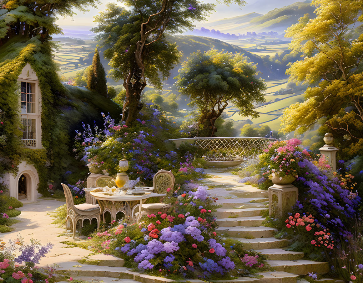 Tranquil garden terrace with blooming flowers and valley view