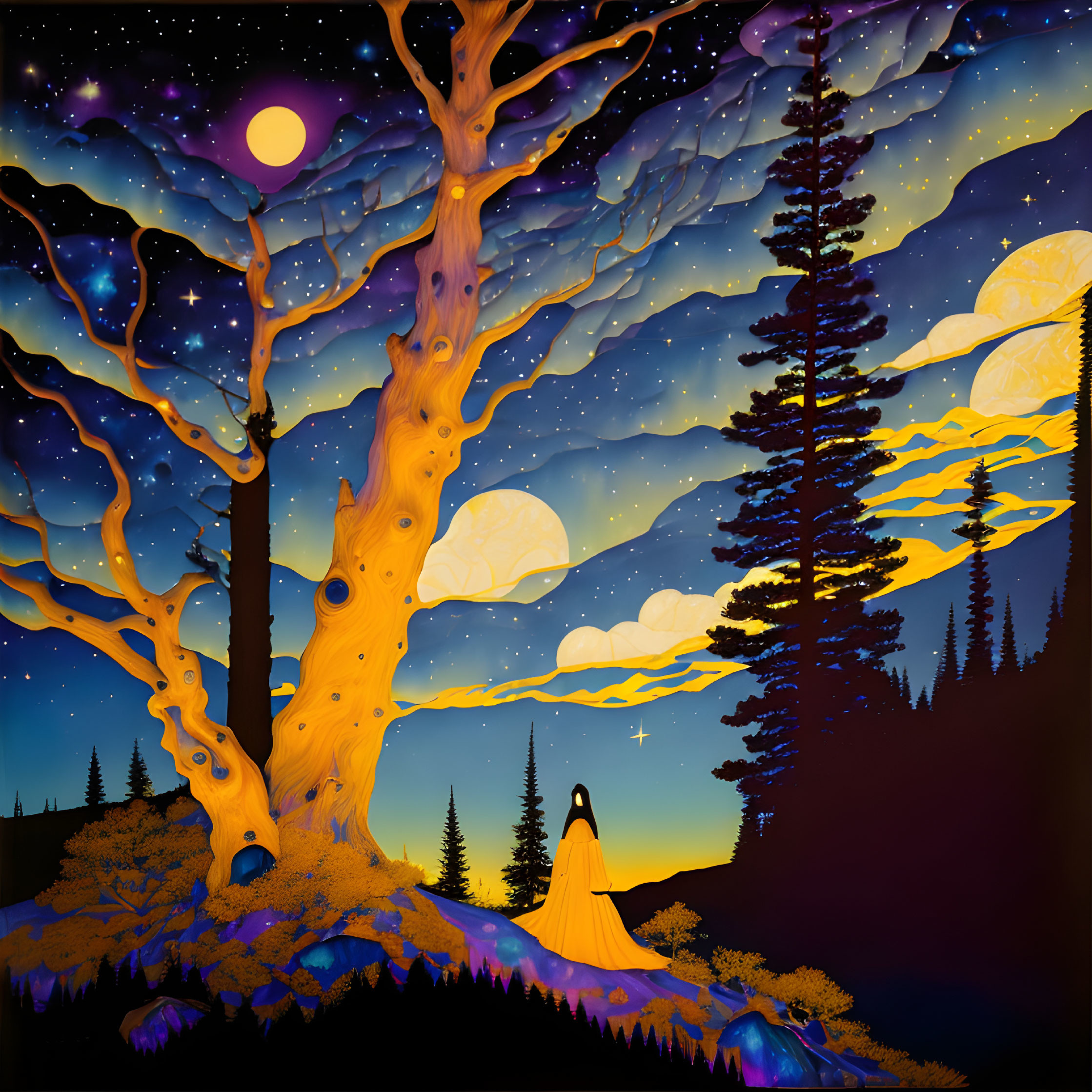 Colorful nighttime illustration with person in yellow cloak gazing at starry sky