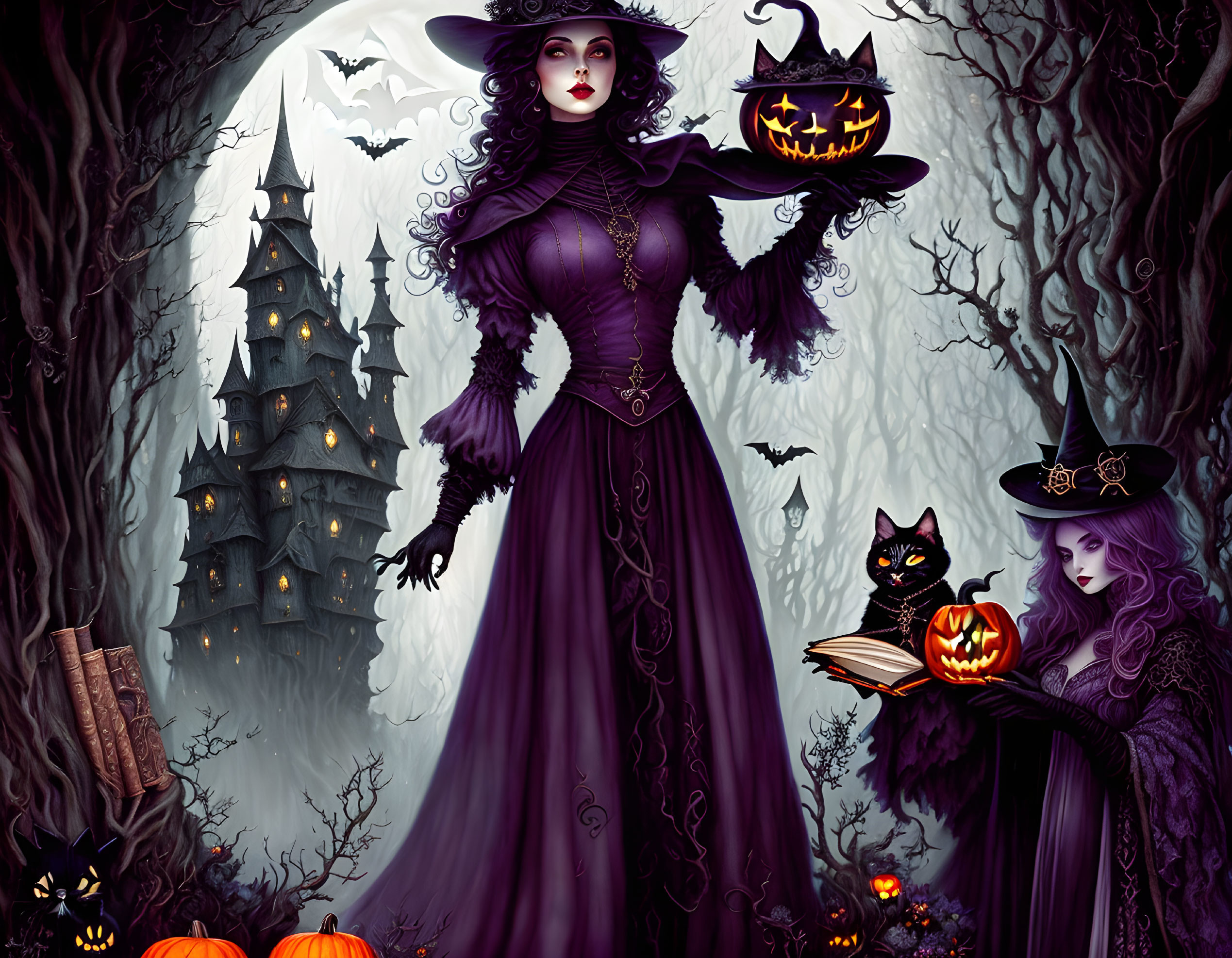 Two witches in purple dresses with black hats in a spooky forest setting.