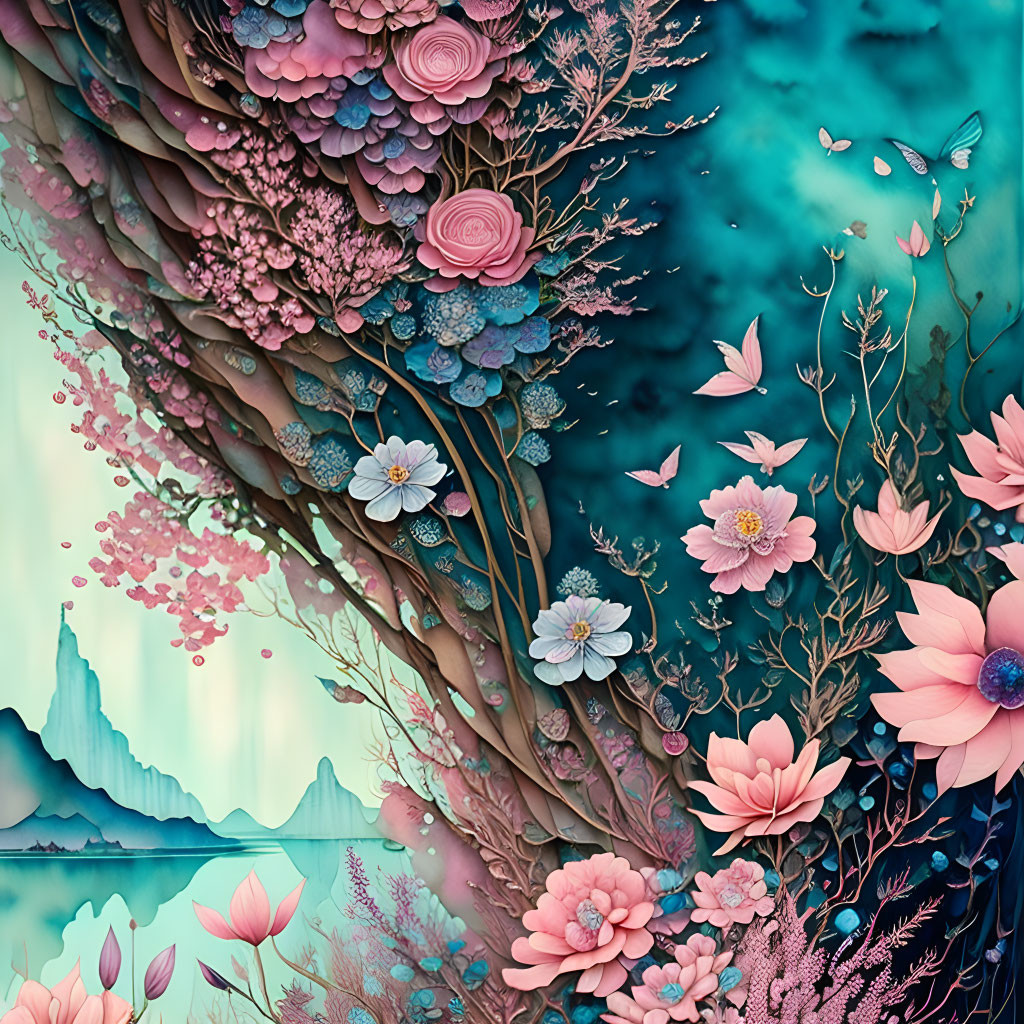 Vibrant floral scene with butterflies and turquoise lake