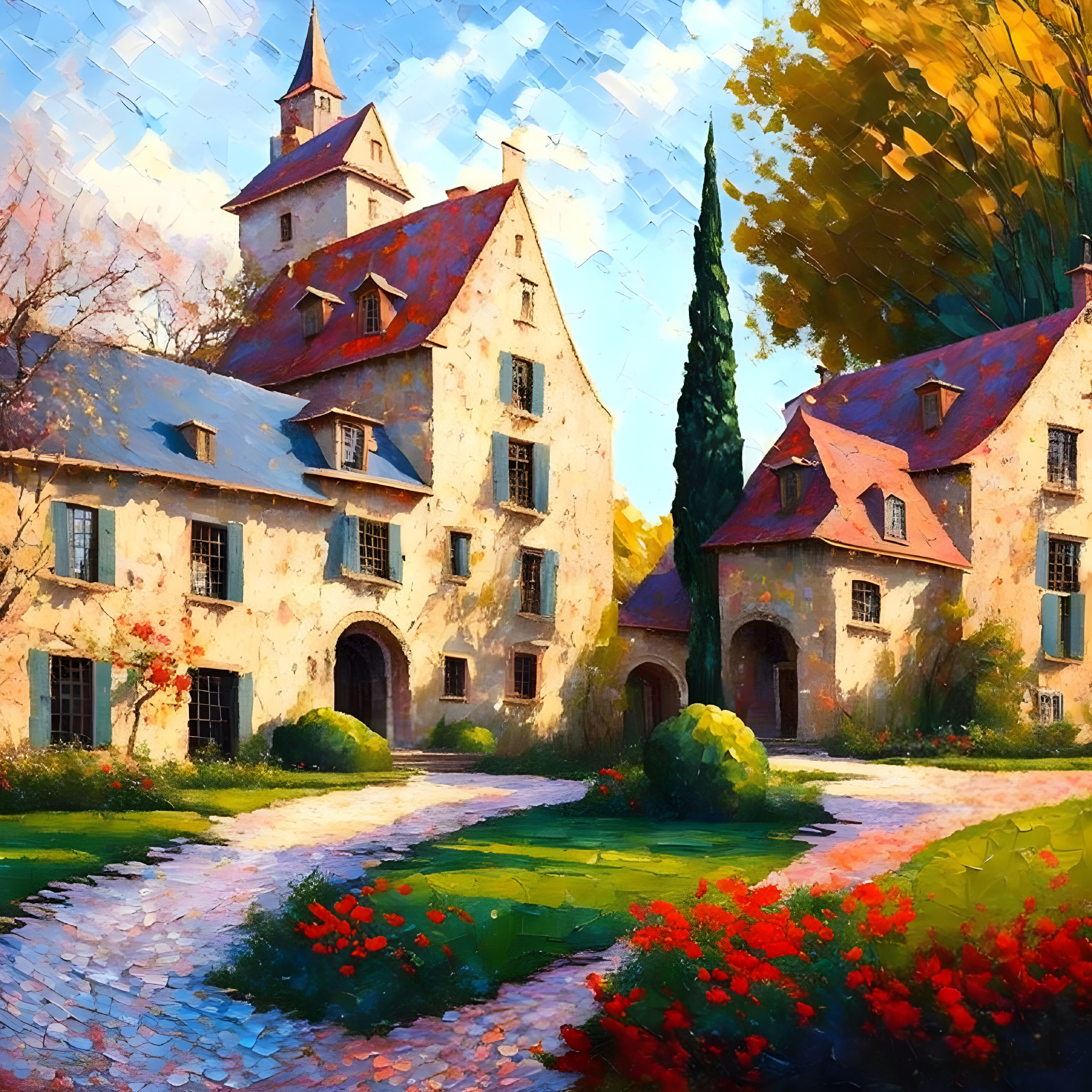 Colorful painting: Stone cottage in garden under sunlight