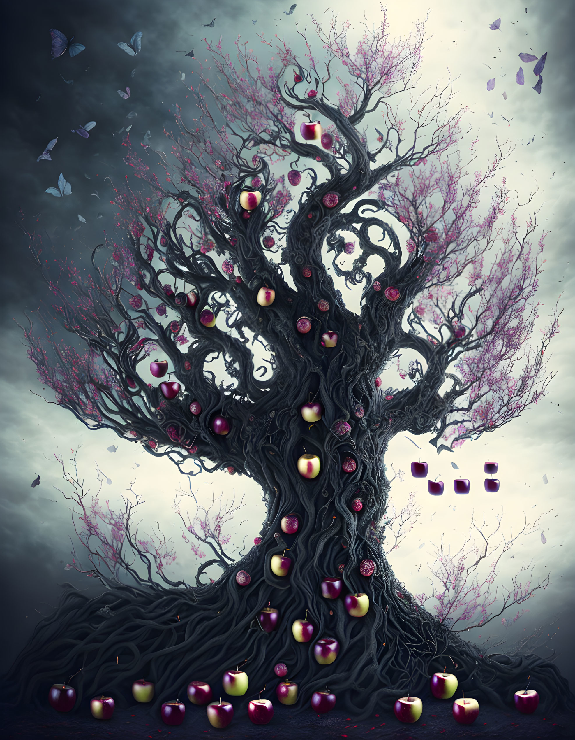 Mystical tree with purple foliage and golden apples under stormy sky