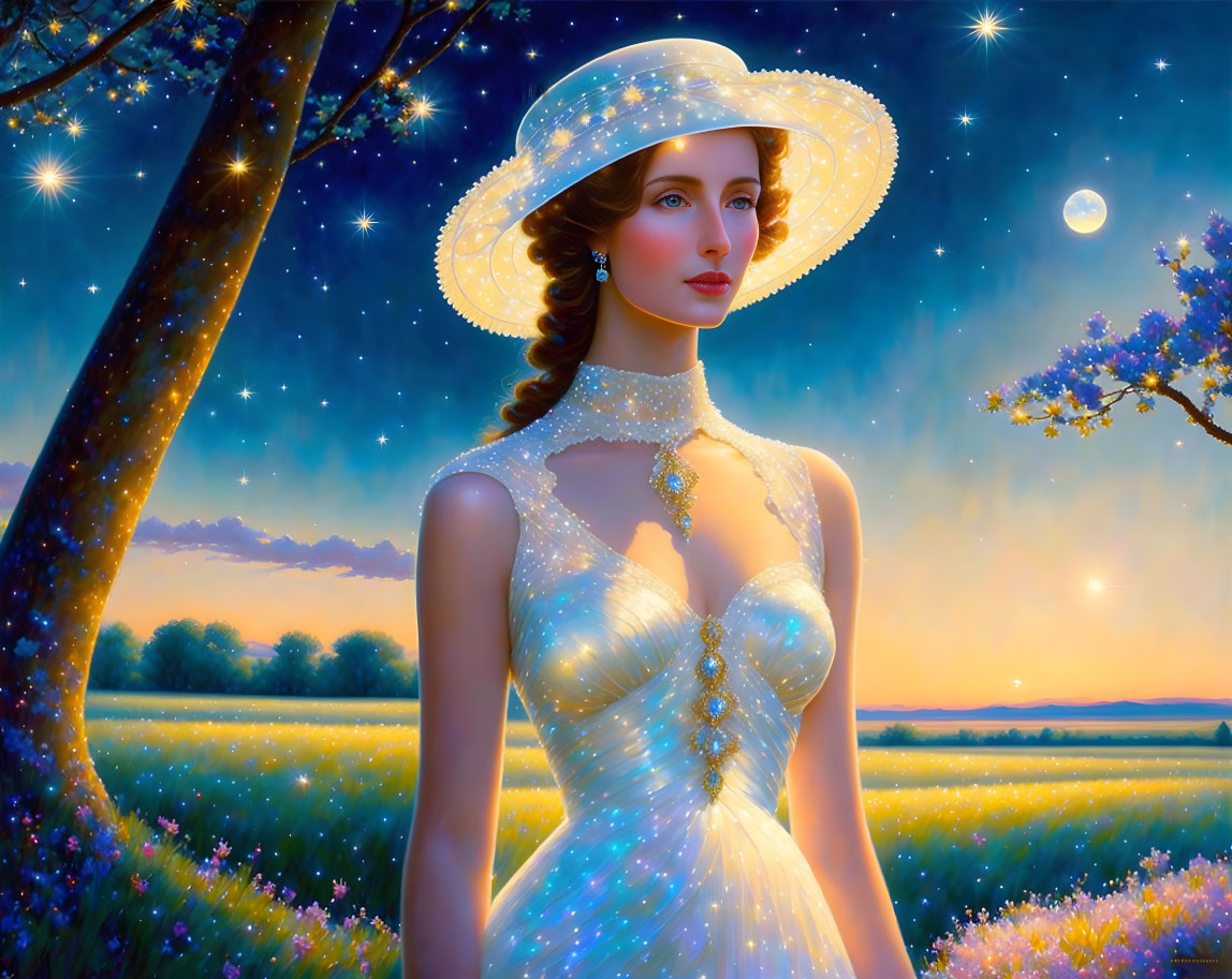 Woman in elegant glowing dress and hat in fantasy landscape with starry sky, blooming trees, and