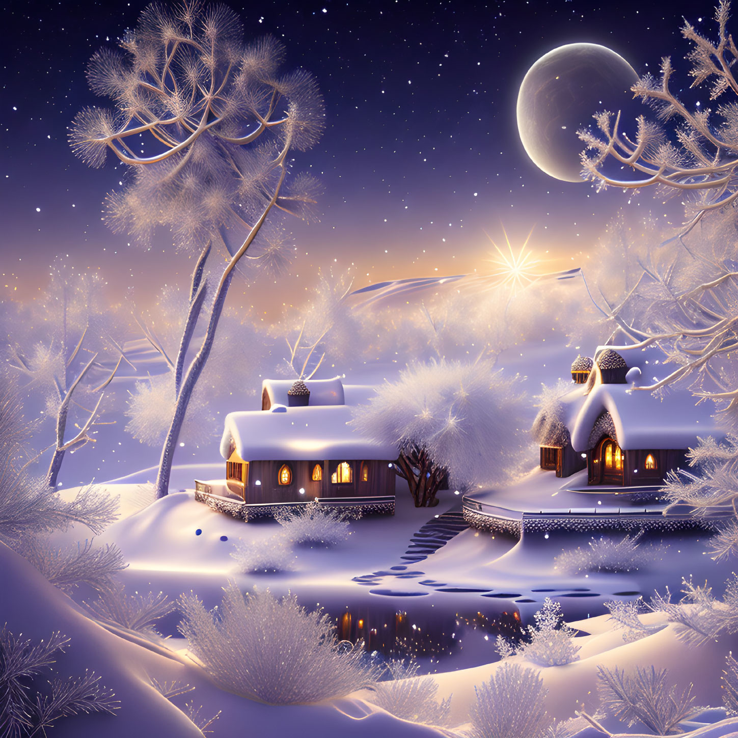 Snowy Winter Night: Cozy Cottage, Snow-Covered Trees, Crescent Moon