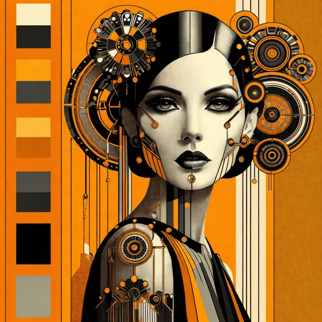 Mechanical woman art against orange geometric backdrop with color palette.