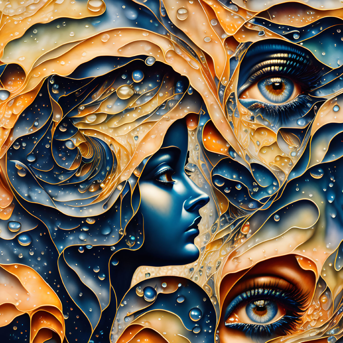 Female profile and eyes in surreal artwork with orange and blue swirls and water droplets