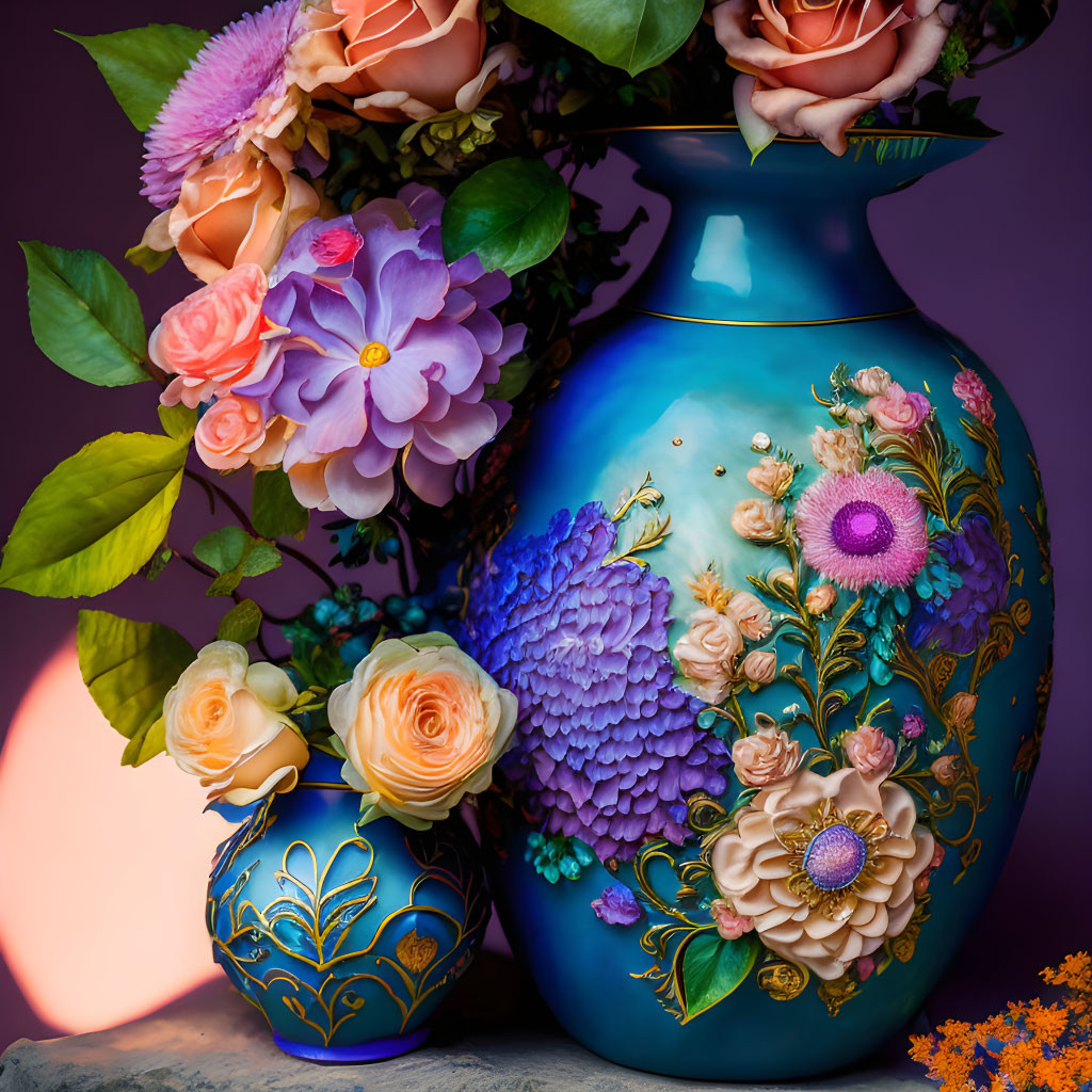 Blue and gold ornate vase with painted flowers next to matching pot among blooming roses