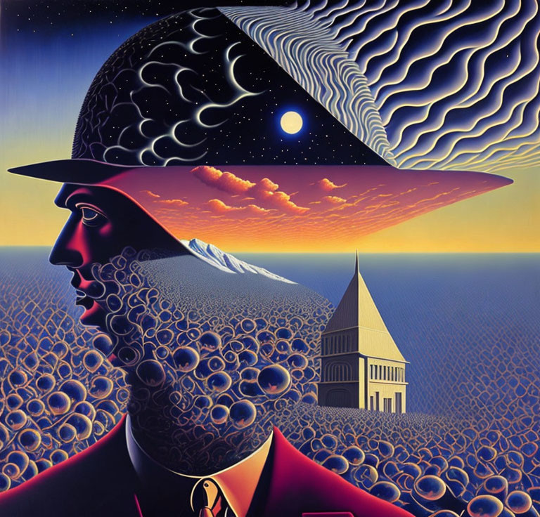 Surreal profile view man with landscape and church in head, surrounded by bubbles and wavy sky