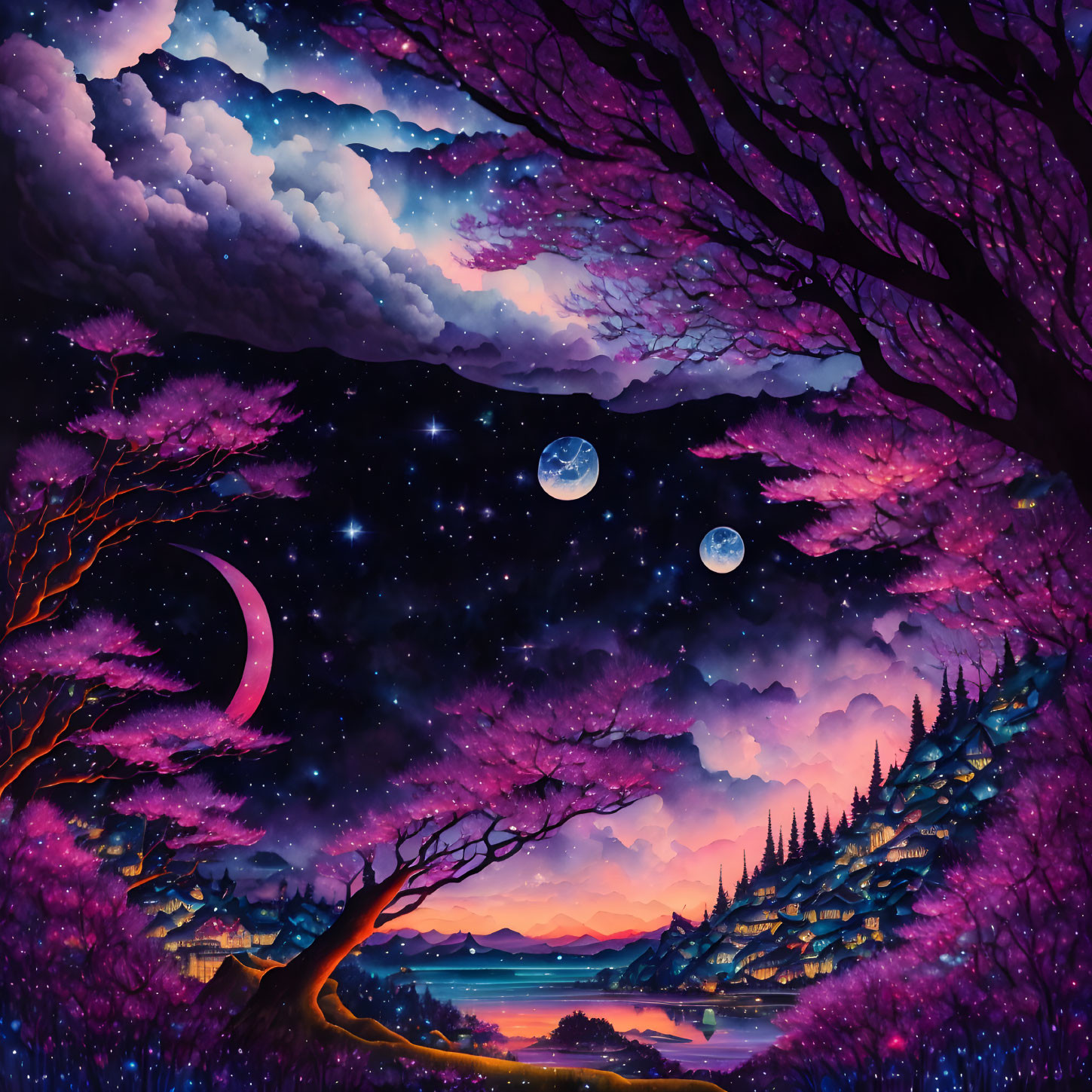 Fantasy landscape with purple trees, moons, and mountain lake at dusk