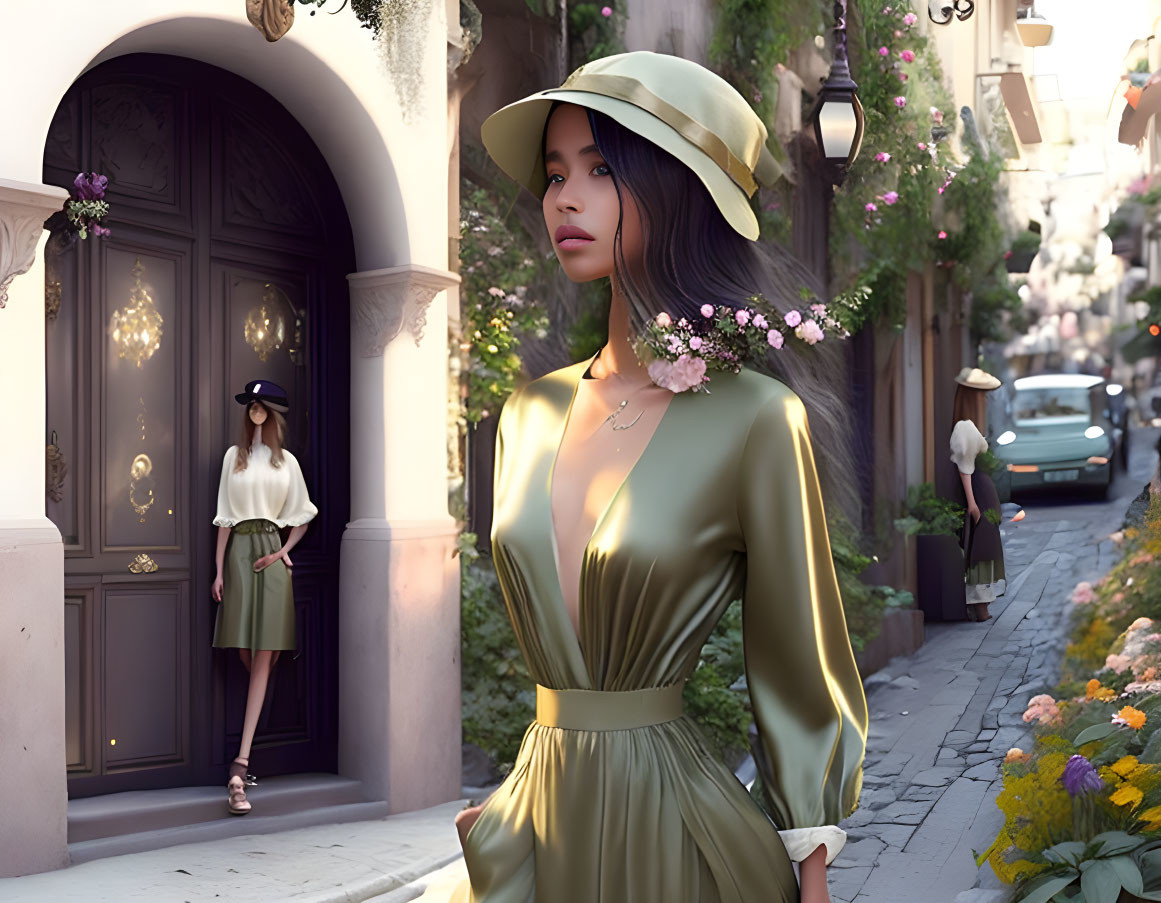 Stylish woman in green dress and hat on city street with flowers and person in background