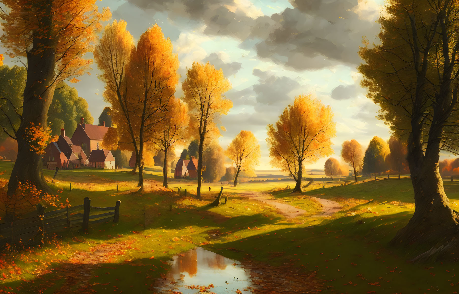 Tranquil autumn landscape with golden tree-lined path and cozy cottages