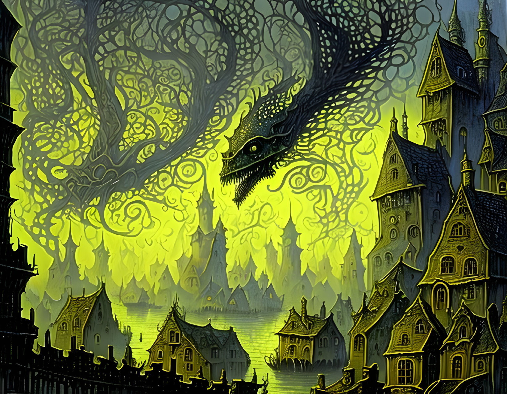 Fantastical dragon art over medieval town with glowing green highlights