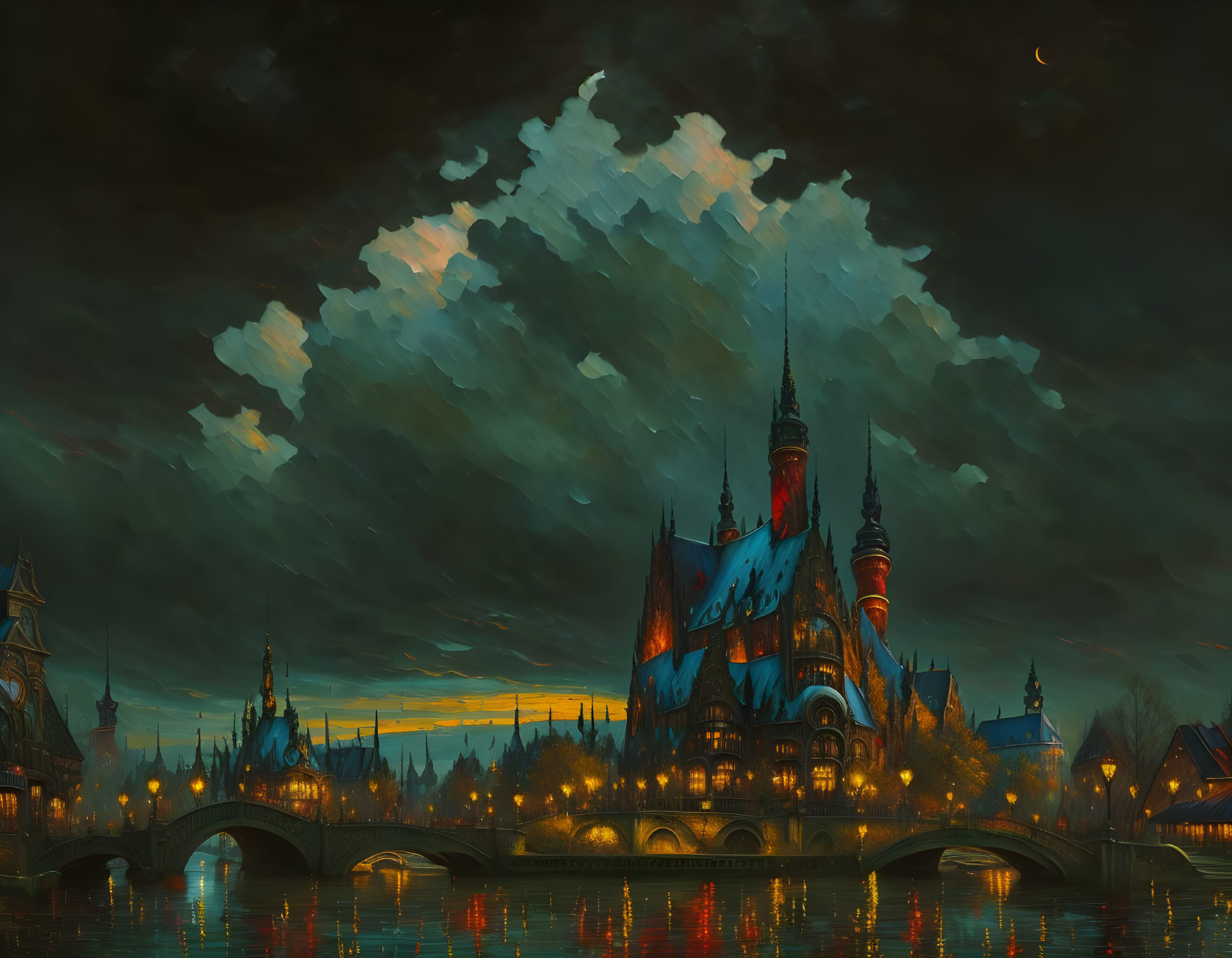 Luminous gothic castle by river under crescent moon