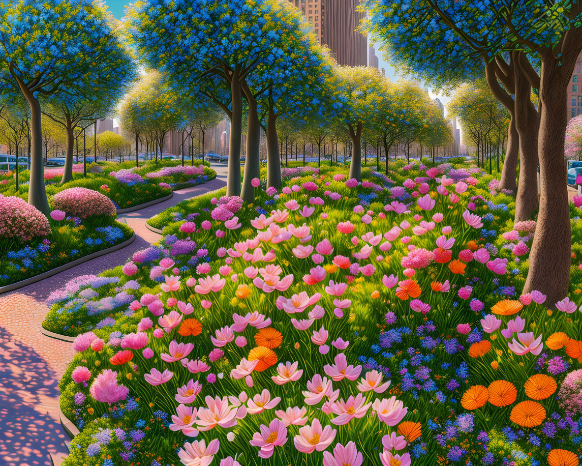 Colorful park scene with flower beds, tree-lined walkways, and skyscrapers under clear sky