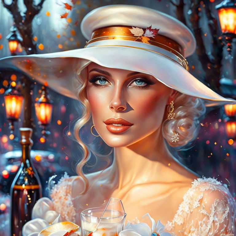 Illustrated woman with blue eyes and blonde hair in autumn-themed hat, in cozy lantern-lit scene