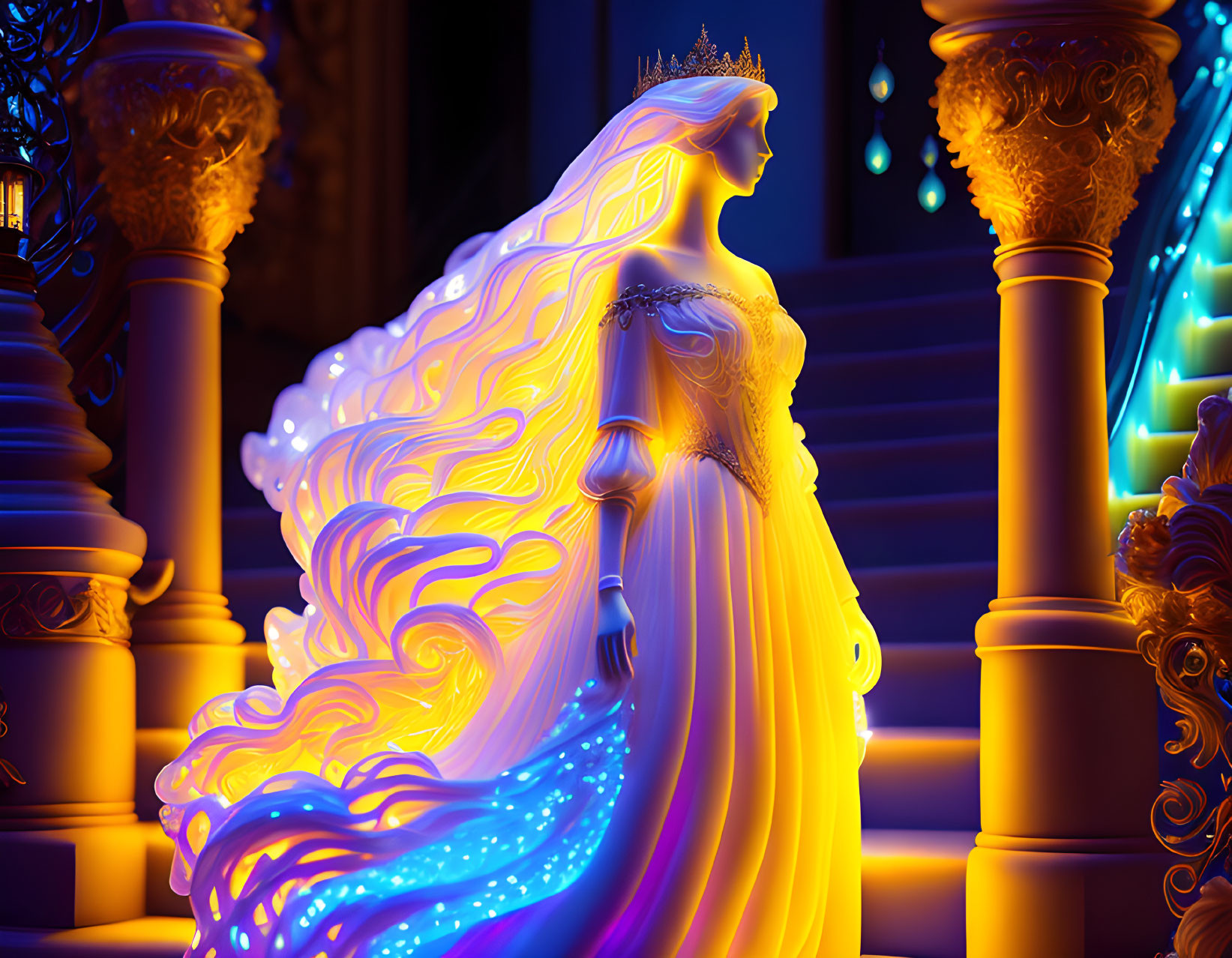 Ethereal bride in flowing dress on grand staircase in blue and gold setting