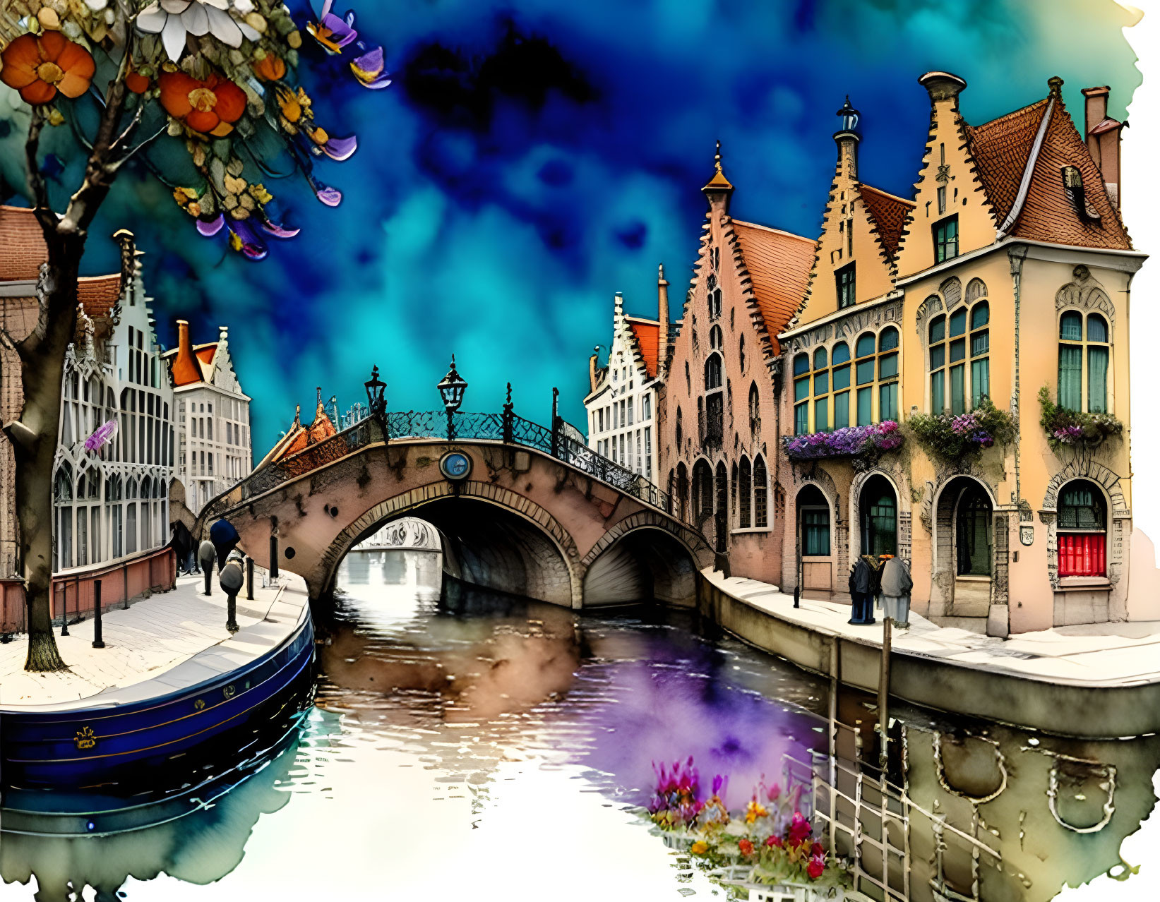 Colorful Canal Scene with Buildings, Bridge, Boat, and People