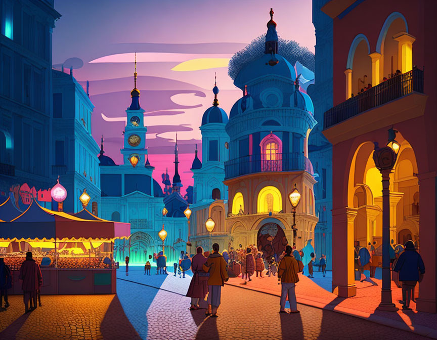 Colorful dusk street scene with people, illuminated buildings, clock tower, festive vibe