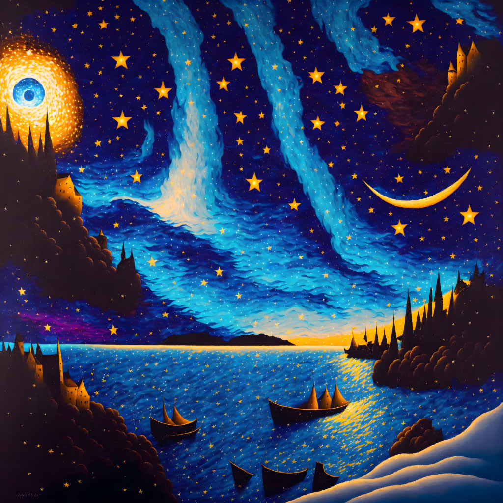 Fantastical night scene: moon, stars, swirling clouds, sea, castles, boats with