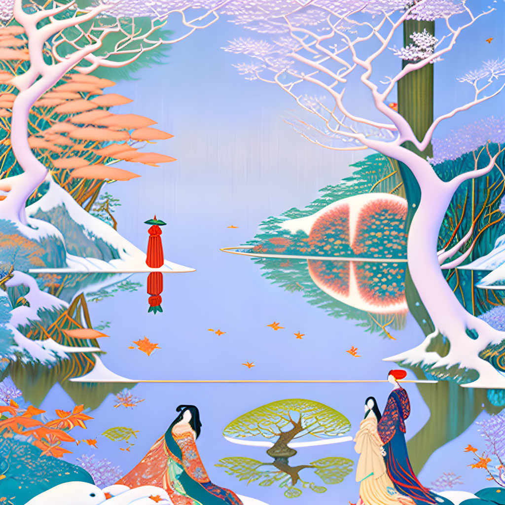 Colorful Asian-inspired illustration of two women by a serene lake with lantern and autumn trees.