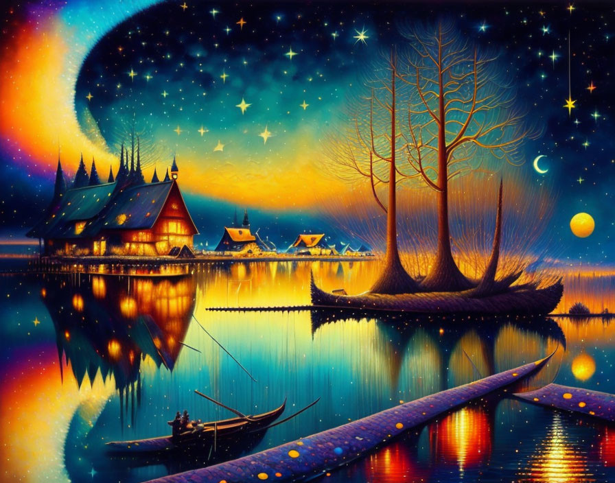 Night scene with crescent moon, starry sky, lake, dock, boat, and glowing houses