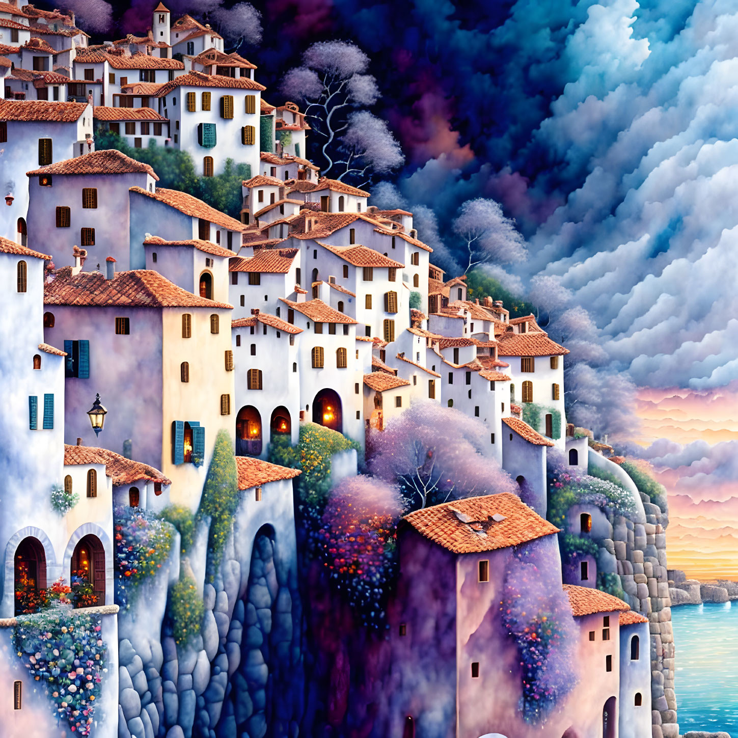 Vibrant painting of cliffside village at sunset