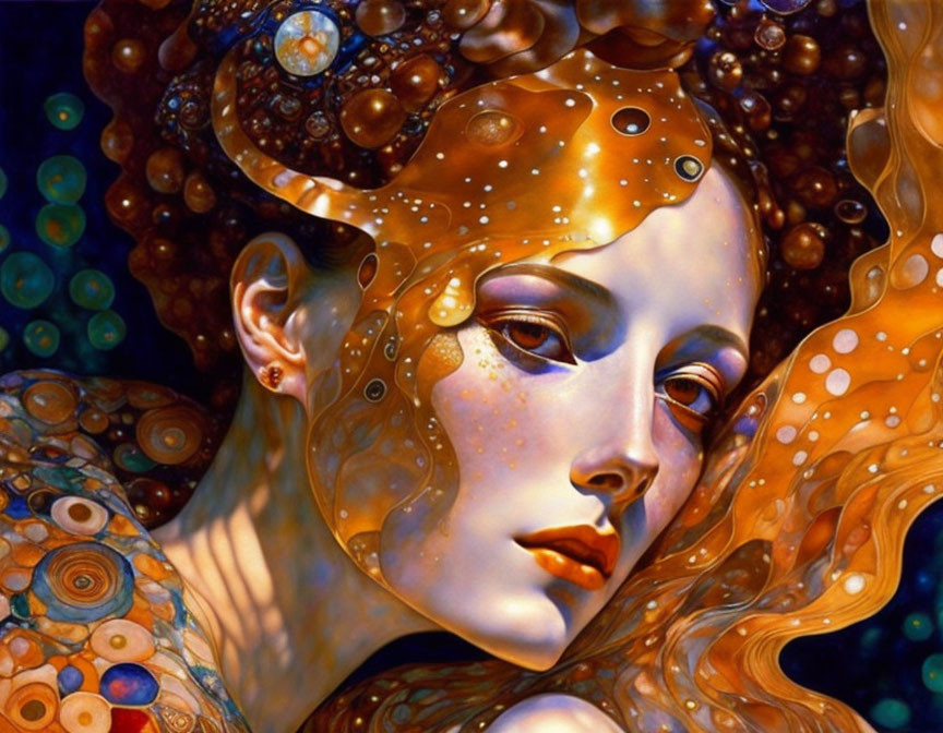 Surreal digital art portrait of a woman with flowing cosmic hair