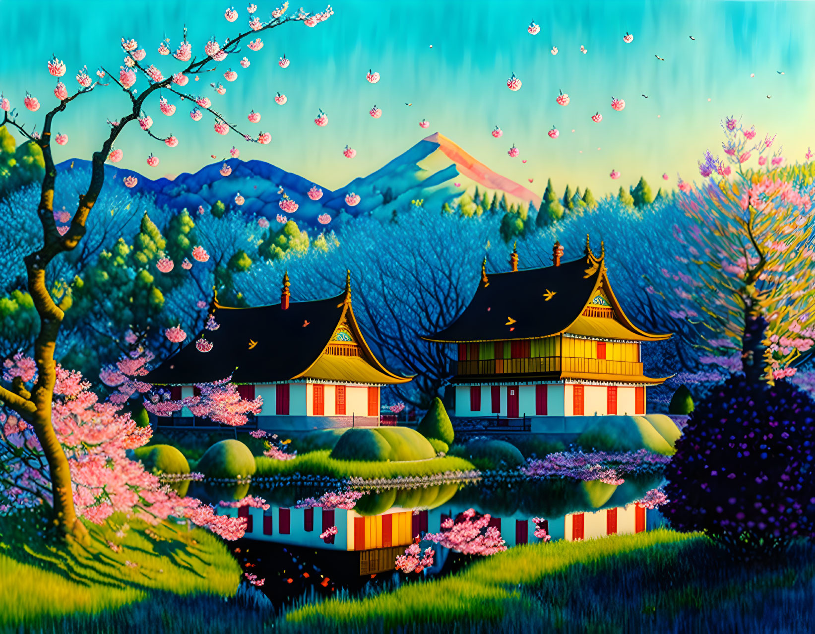 Asian-style Buildings by Calm Lake & Cherry Blossoms, Mountains in Background