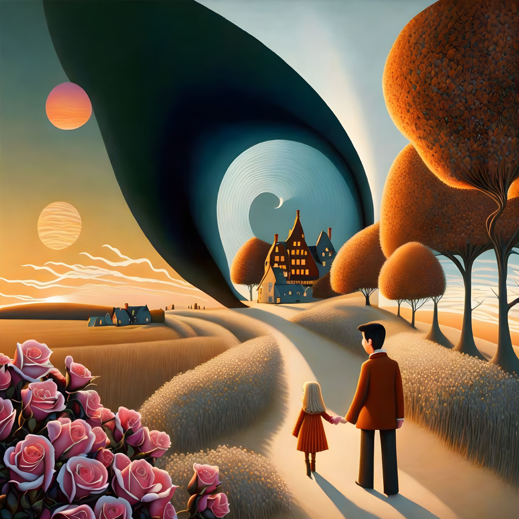 Man and girl holding hands in surreal landscape with winding path and lone house under swirling skies.