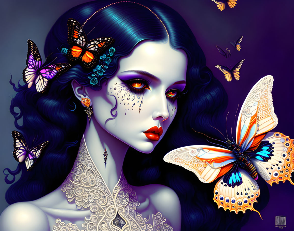 Gothic-style artwork featuring woman with pale skin and butterflies on purple backdrop