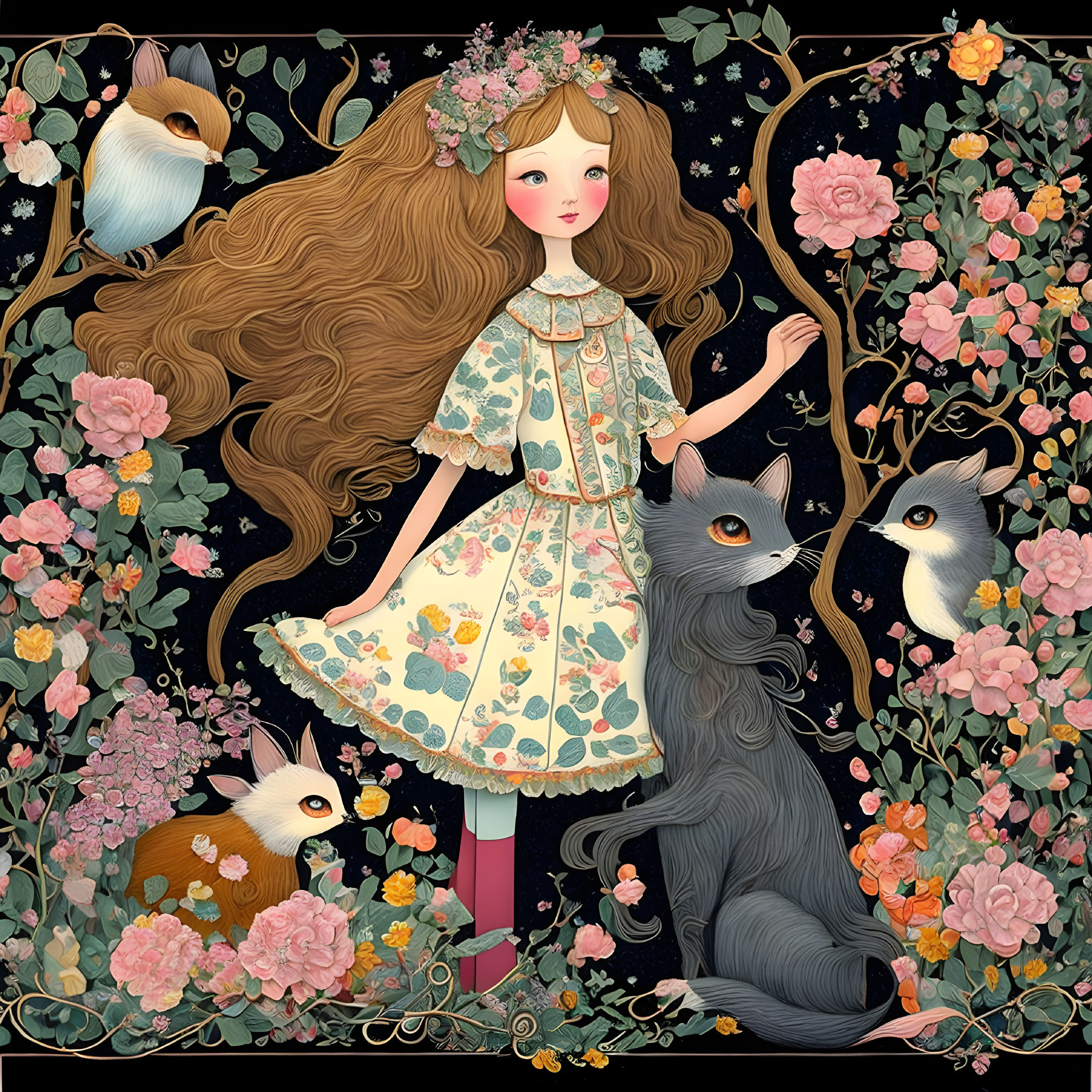 Girl in floral dress surrounded by animals in fairy-tale setting