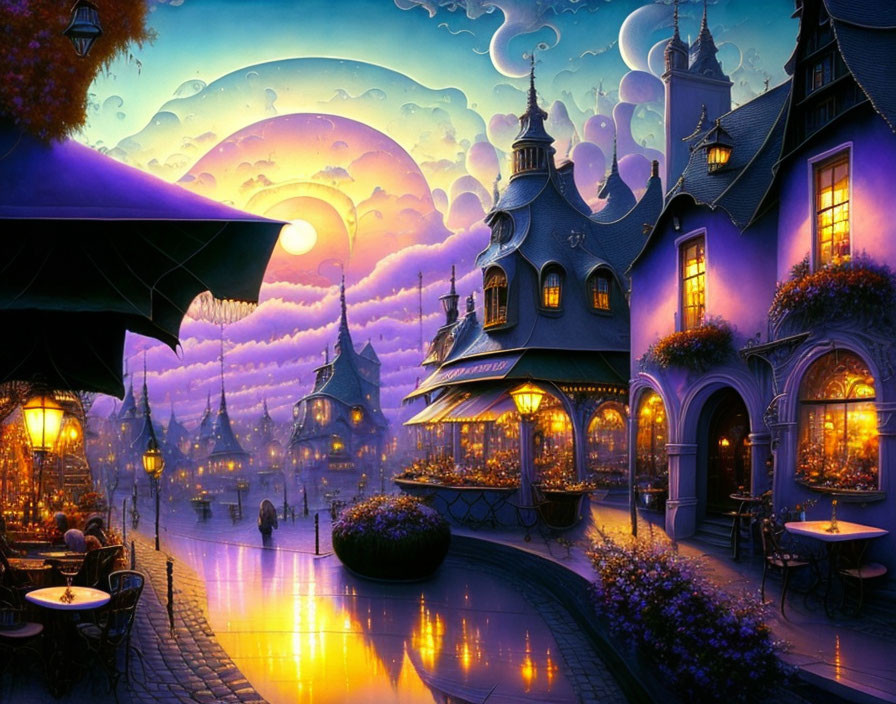 Twilight scene with purple buildings, lanterns, balloons, and crescent moons