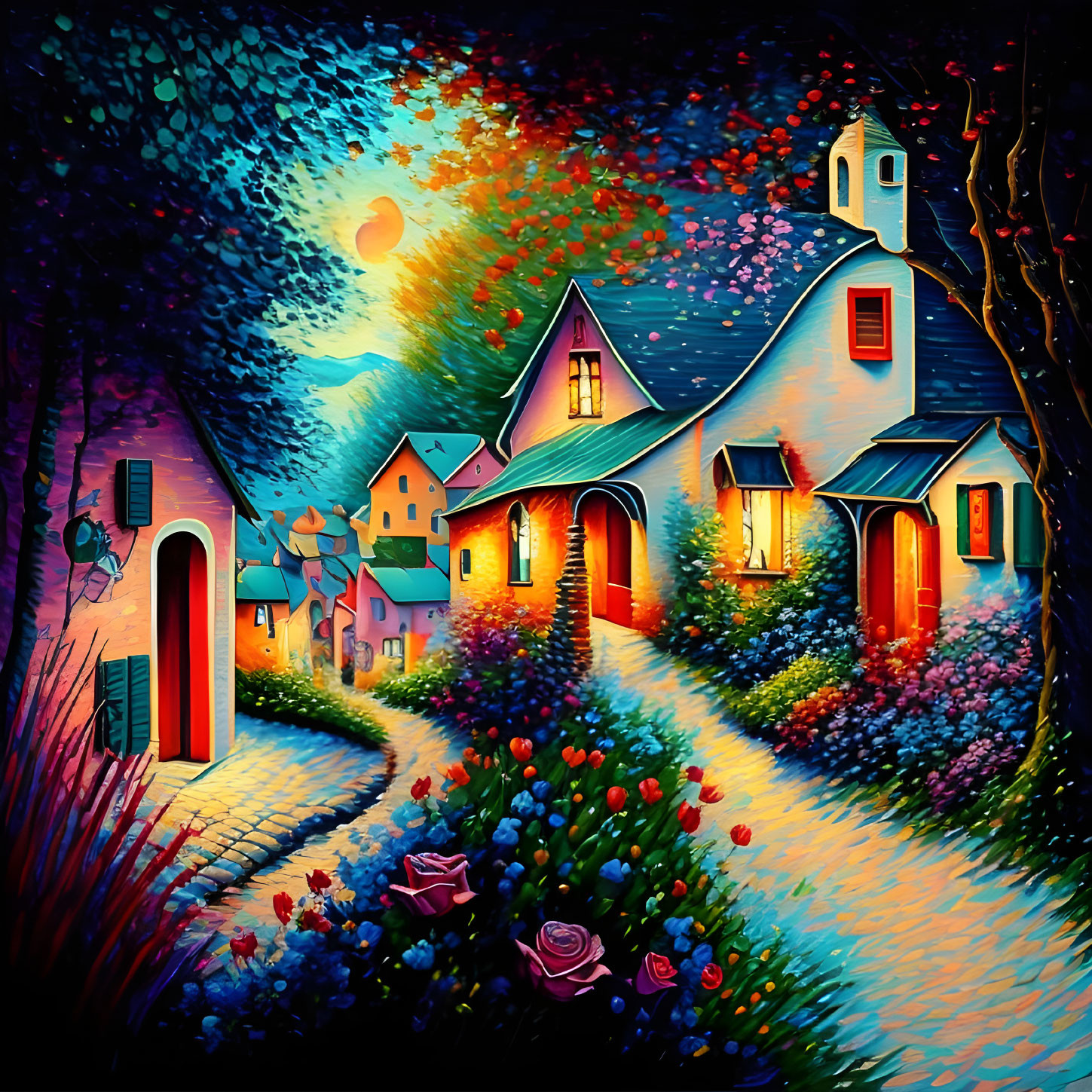 Colorful painting of quaint village at dusk with illuminated cottages and starry sky