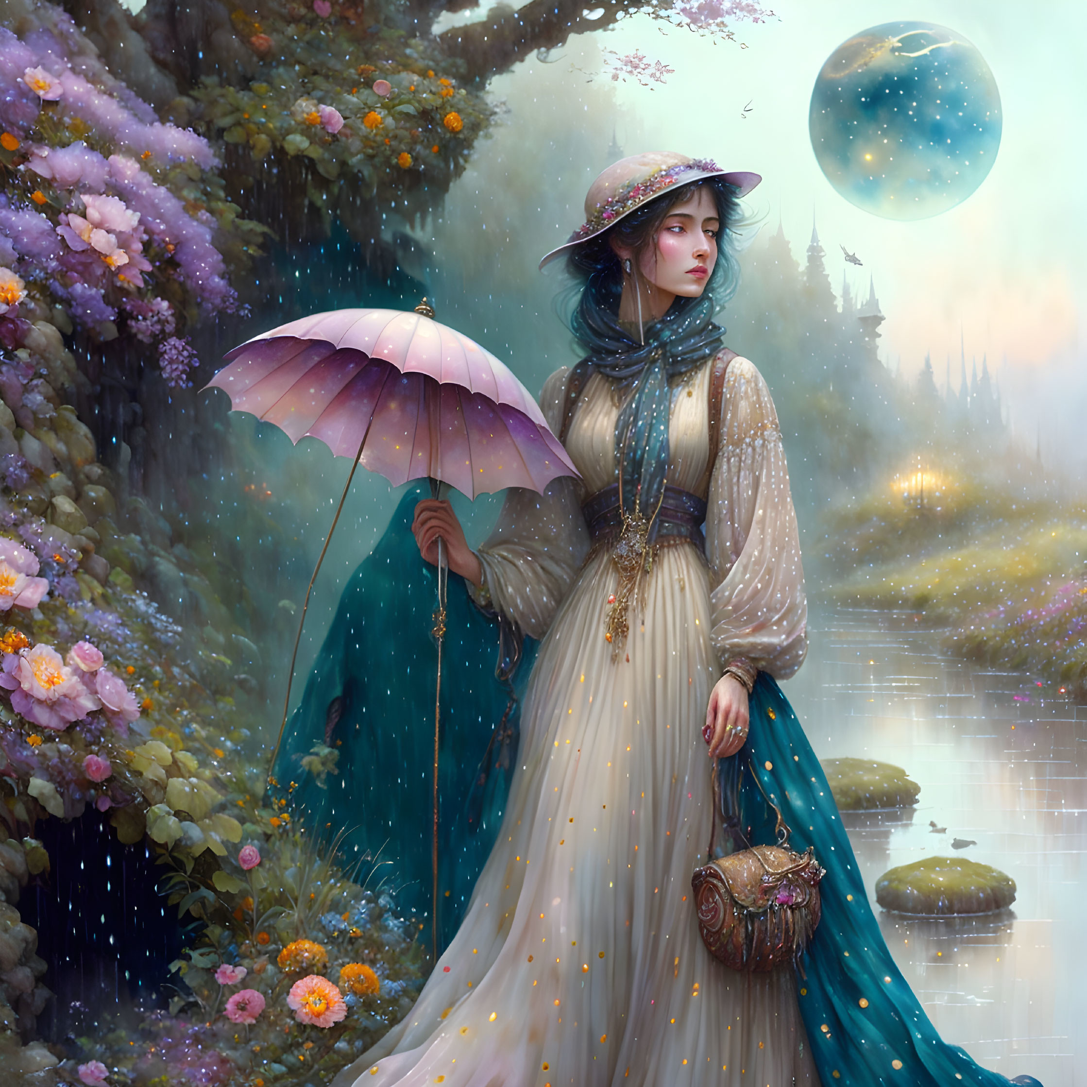 Vintage-dressed woman with umbrella in fantastical floral landscape