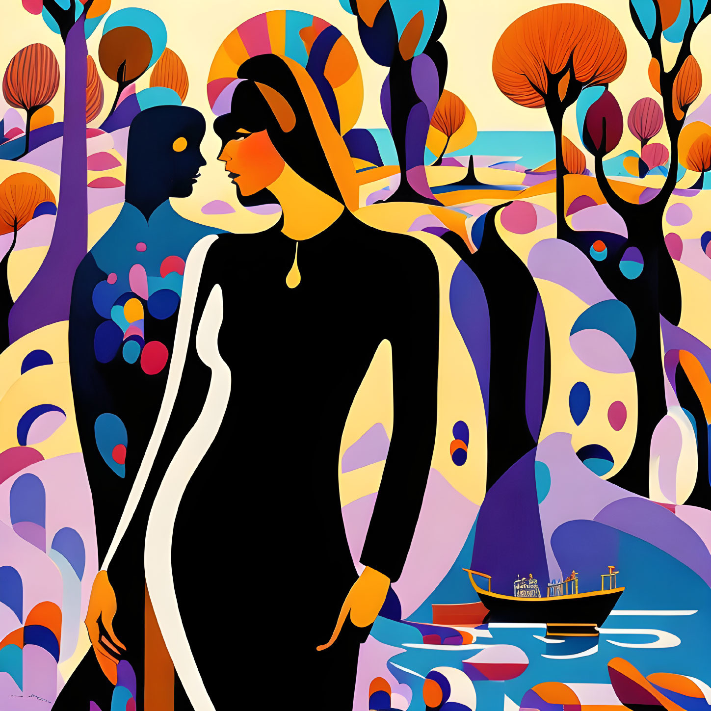 Colorful artwork of two silhouetted figures in abstract forest setting