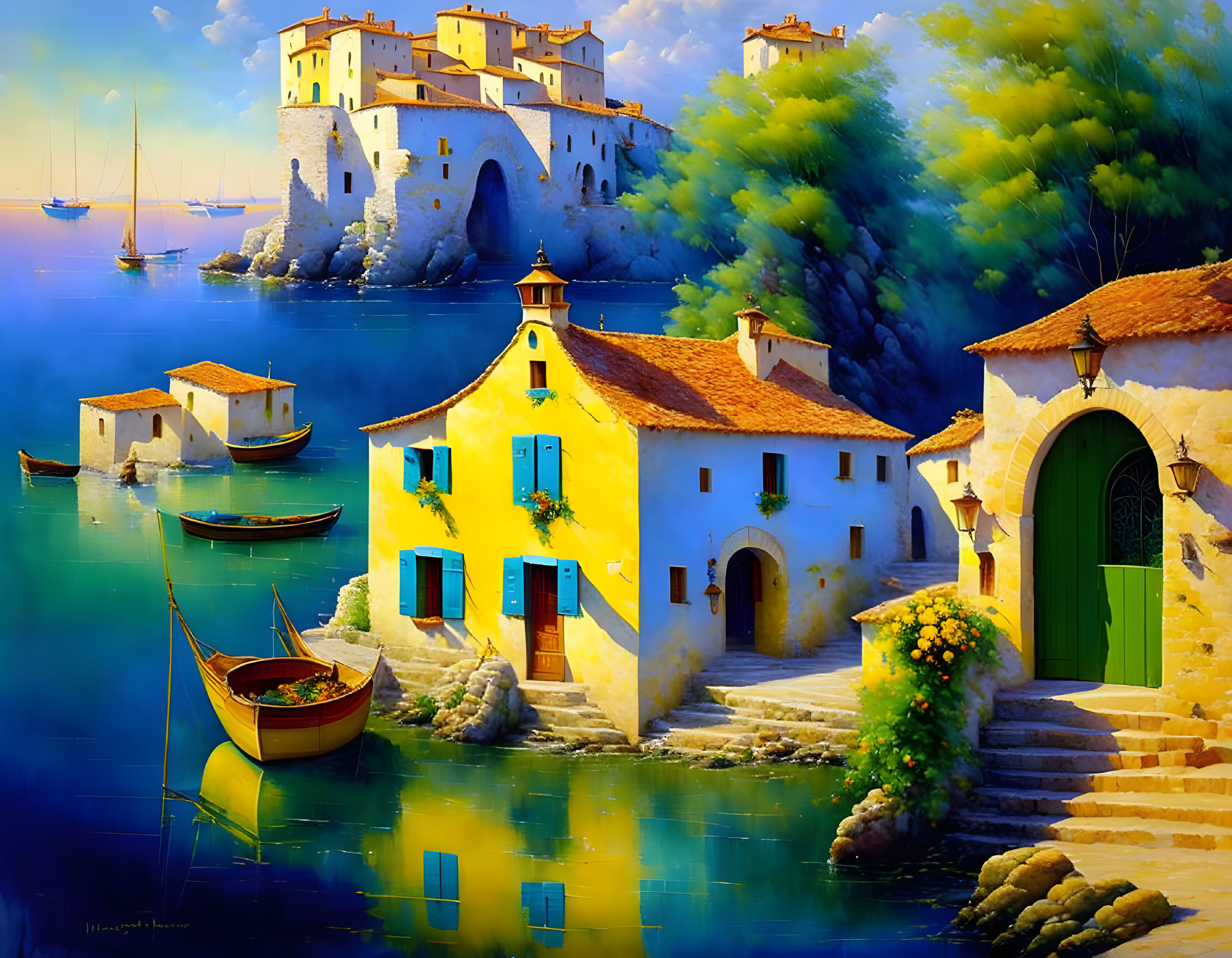 Scenic coastal landscape with yellow house, blue waters, boats, stone bridge, and castle-like structure