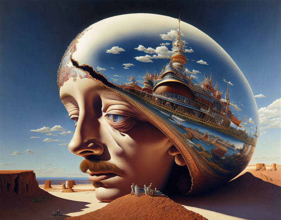 Surreal artwork of head with landscape and temple in desert