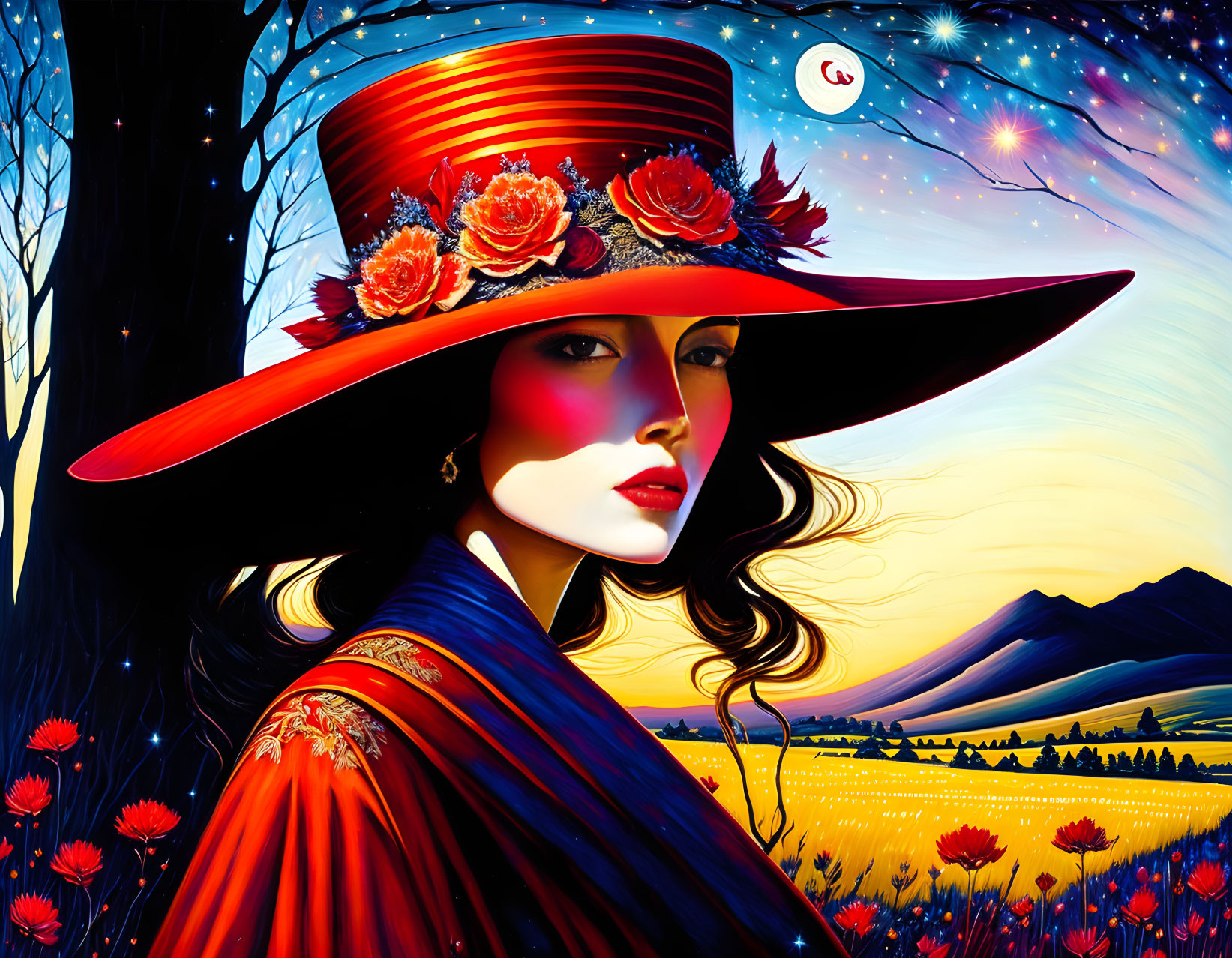 Digital painting of woman in red hat with roses against fantastical background