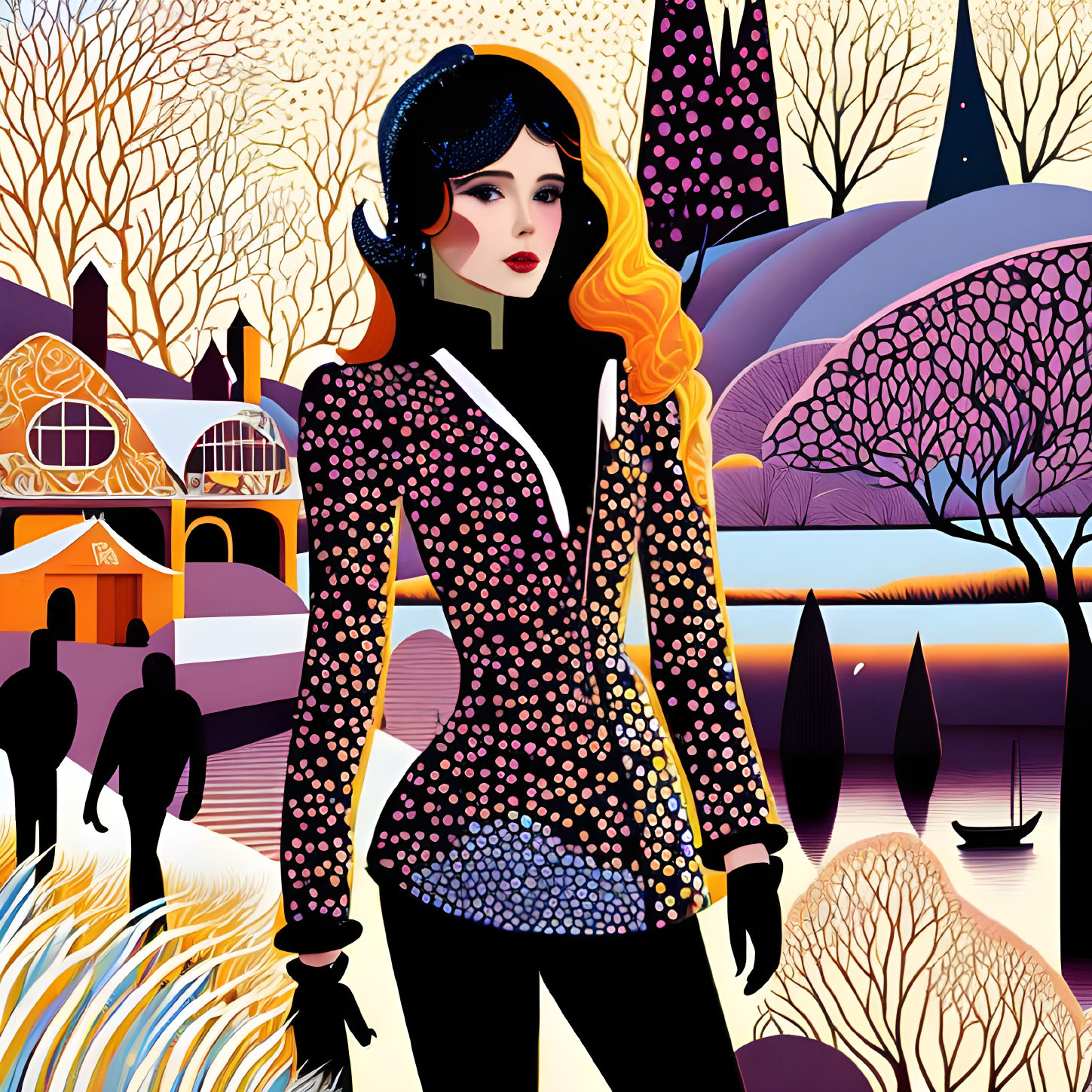 Stylized woman with black hair in dotted jacket in colorful landscape