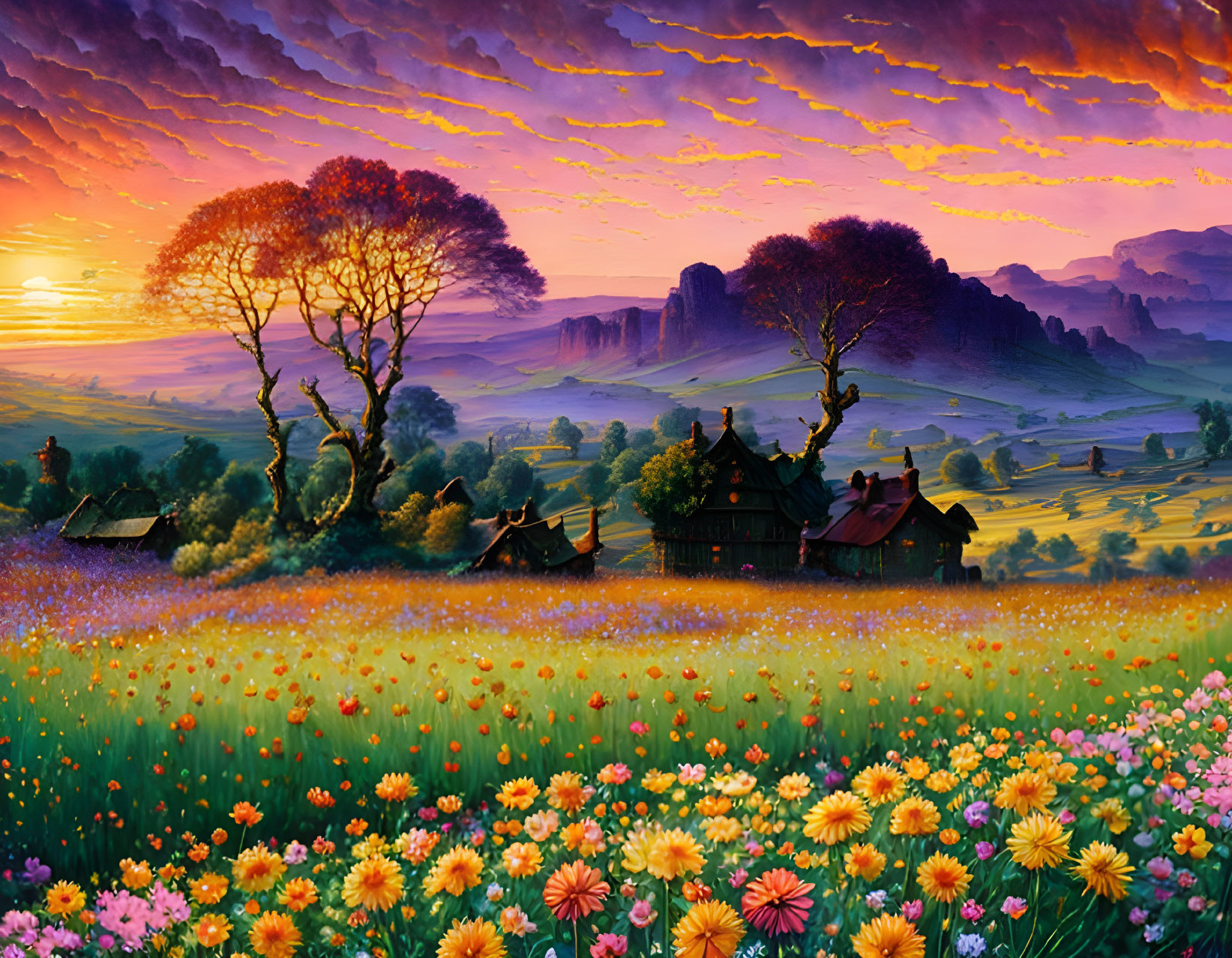 Colorful Flower Field Landscape with Thatched Cottages at Sunset